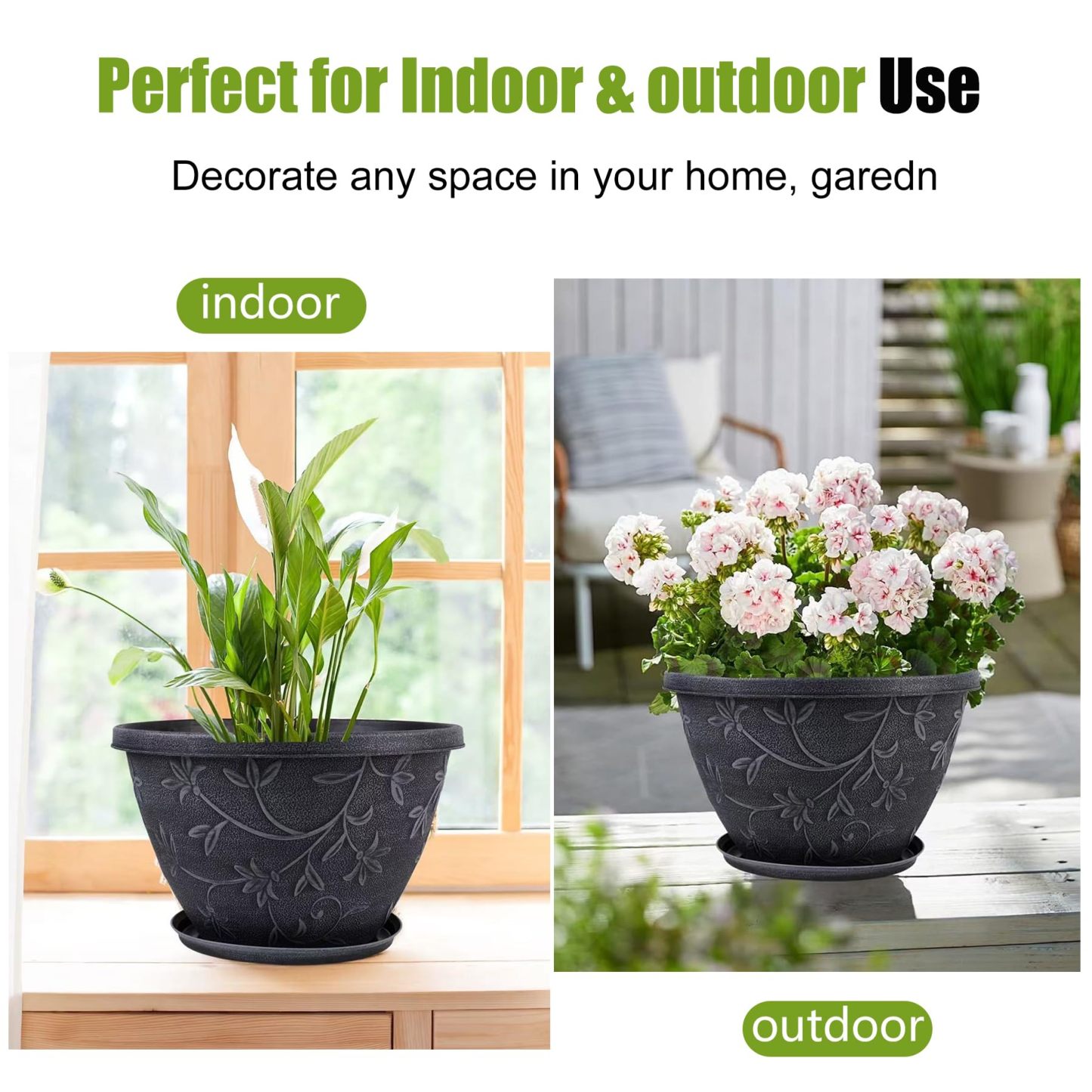 4 Pack 10 Inch Gray Imitation Magnolia Plant Pots, Lightweight Plastic Resin Flower Pots with Drainage Hole & Saucer for Indoor Outdoor Garden Home