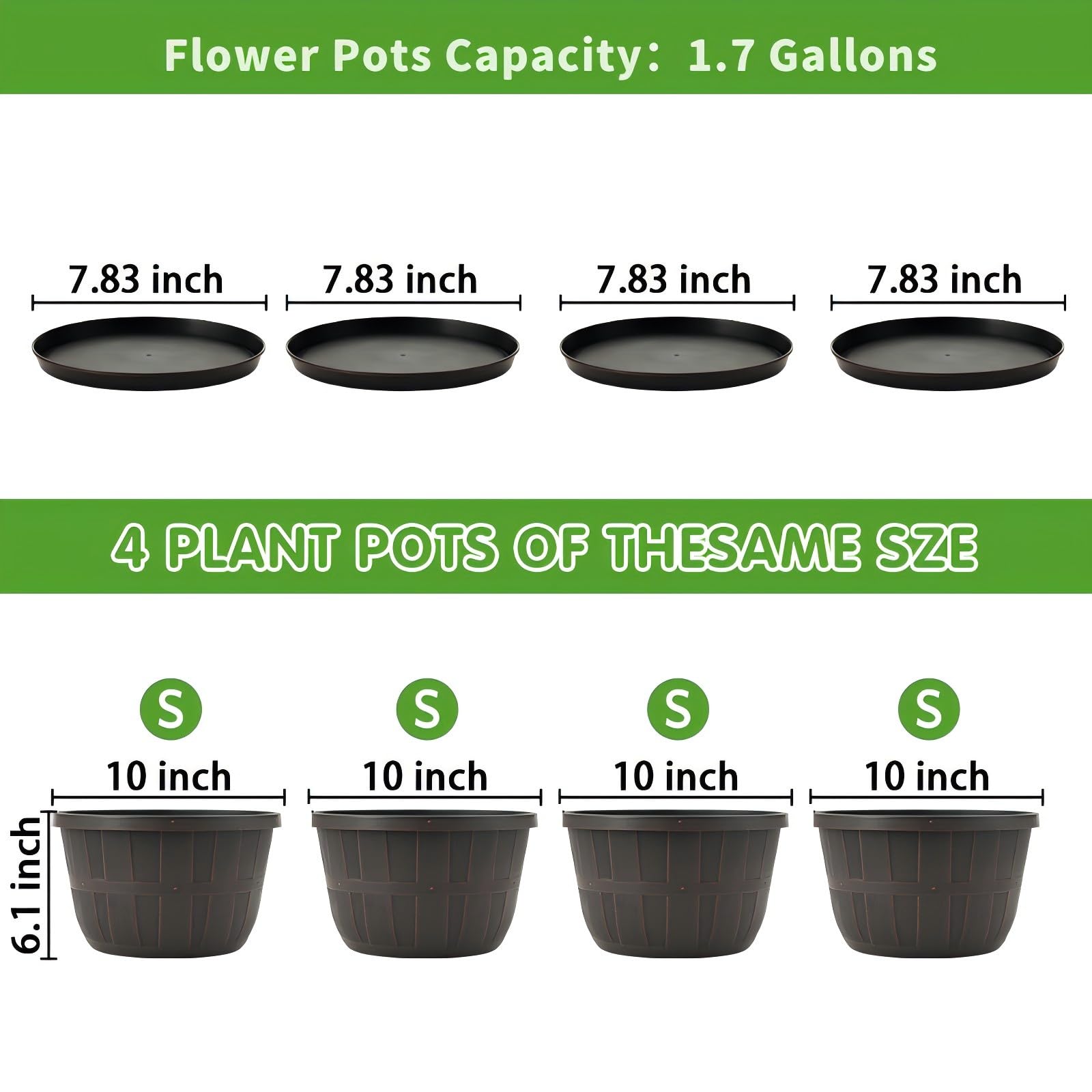 10 Inch Plastic Flower Pots 4 Pack, Large Outdoor Planter Pots with Drainage Holes & Saucers, Imitation Wine Barrel Design, Brown Planters for Indoor & Outdoor Garden Plants