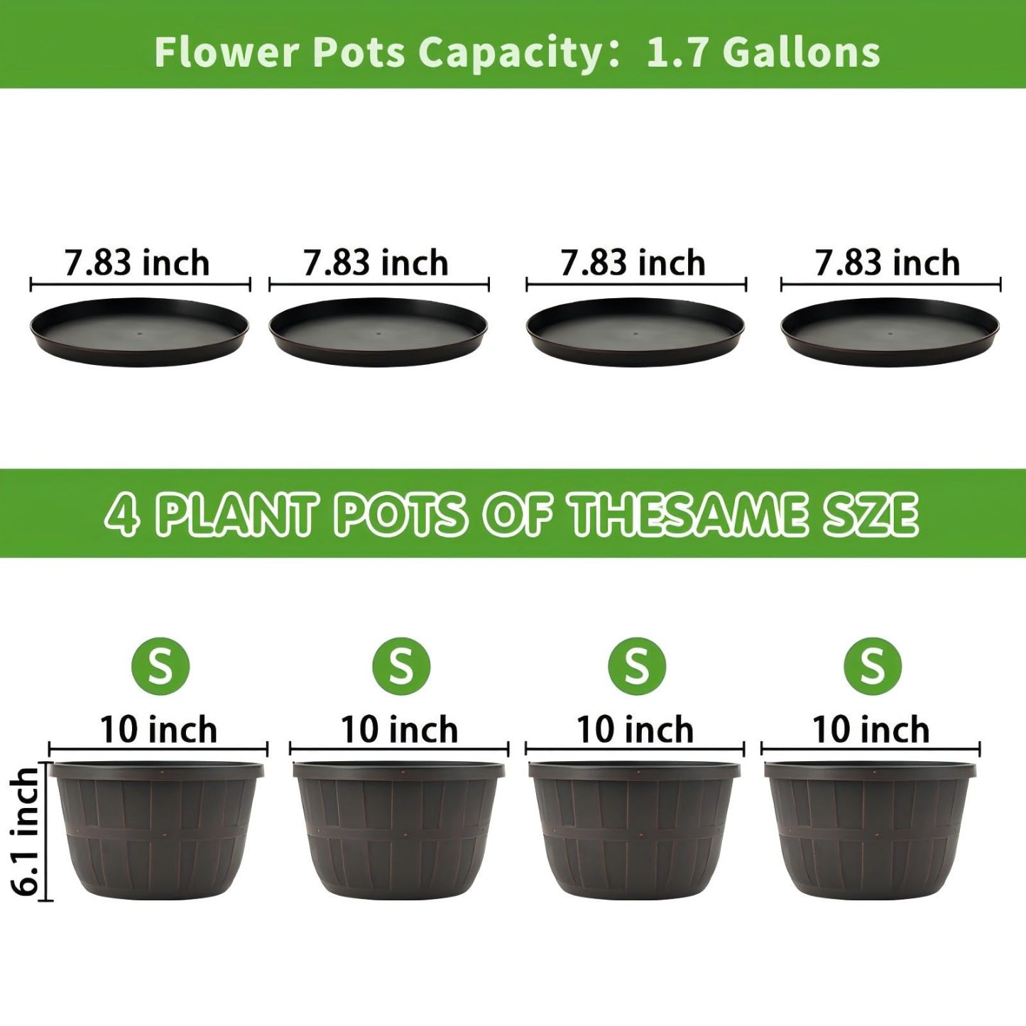 10 Inch Plastic Flower Pots 4 Pack, Large Outdoor Planter Pots with Drainage Holes & Saucers, Imitation Wine Barrel Design, Brown Planters for Indoor & Outdoor Garden Plants