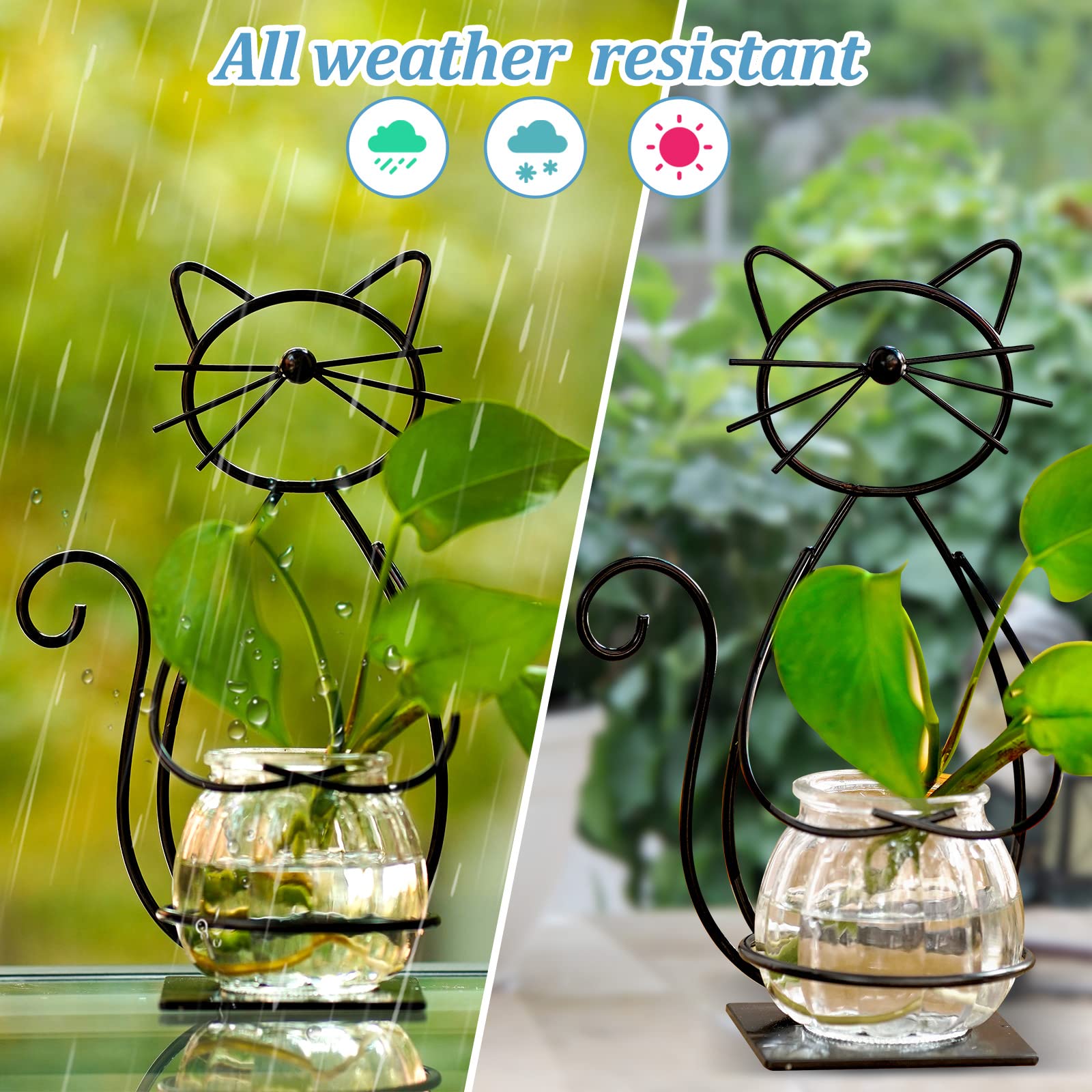 Metal Cat Desktop Glass Planter Vase Holder, Creative Plant Terrarium Stand for Home Patio Lawn Garden Decor