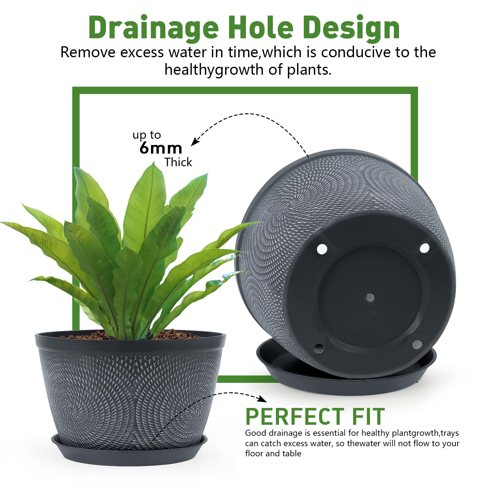 10 Inch Plastic Flower Pots 3 Pack, Indoor Outdoor Planters with Drainage Holes & Saucers, Modern Decorative Garden Plant Pots in Gray