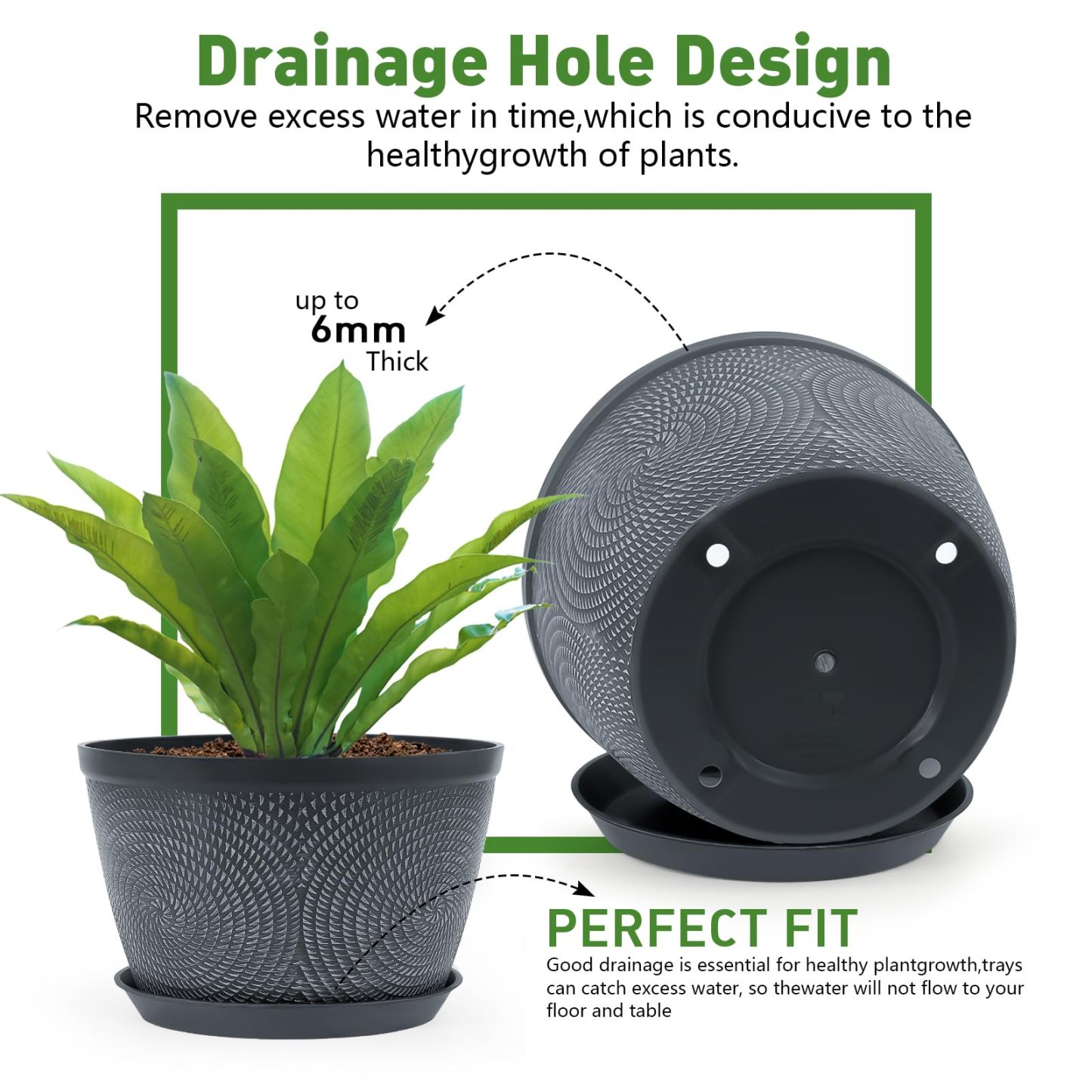 10 Inch Plastic Flower Pots 3 Pack, Indoor Outdoor Planters with Drainage Holes & Saucers, Modern Decorative Garden Plant Pots in Gray
