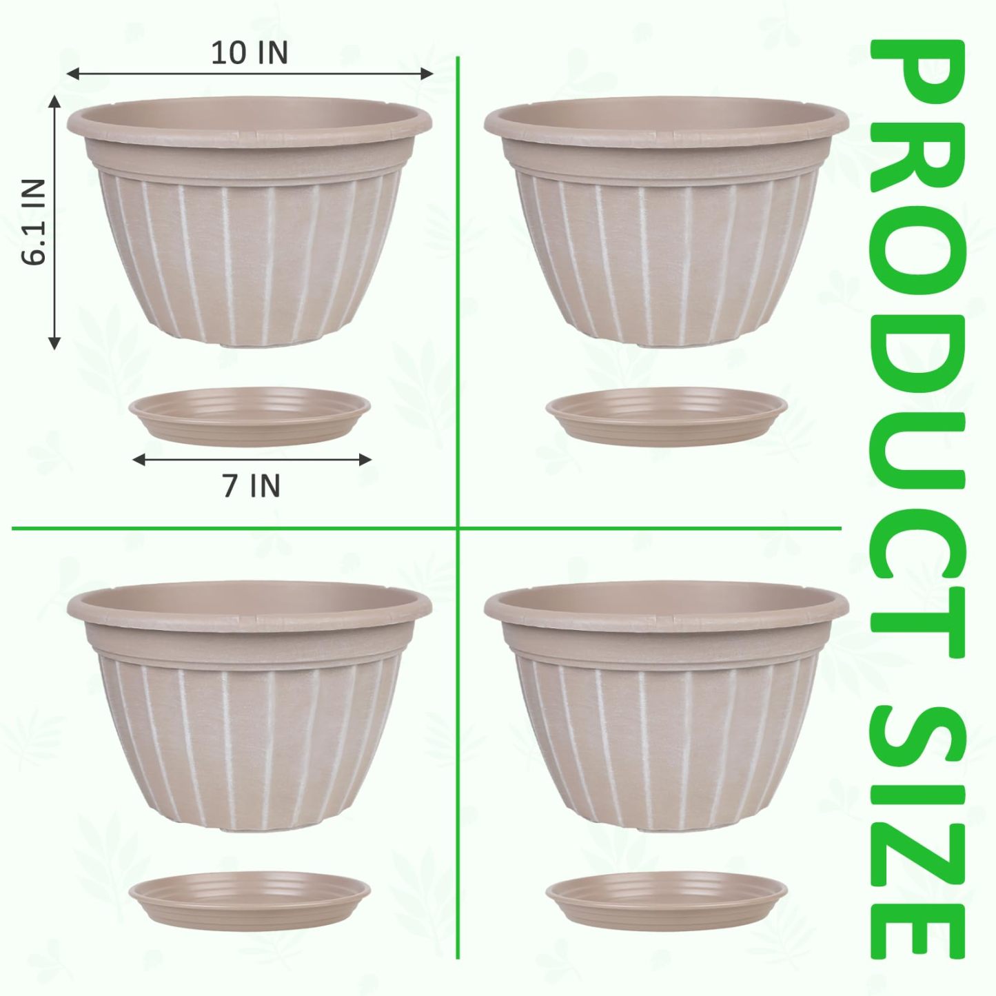 10 Inch Flower Pots 4 Pack, Modern Resin Planters with Drainage Holes & Saucers, Decorative Indoor Outdoor Garden Pots in Beige
