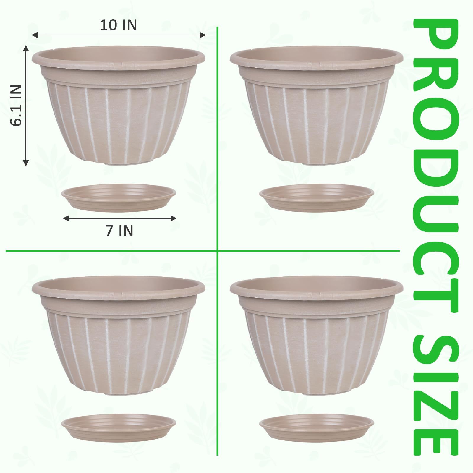 10 Inch Flower Pots 4 Pack, Modern Resin Planters with Drainage Holes & Saucers, Decorative Indoor Outdoor Garden Pots in Beige