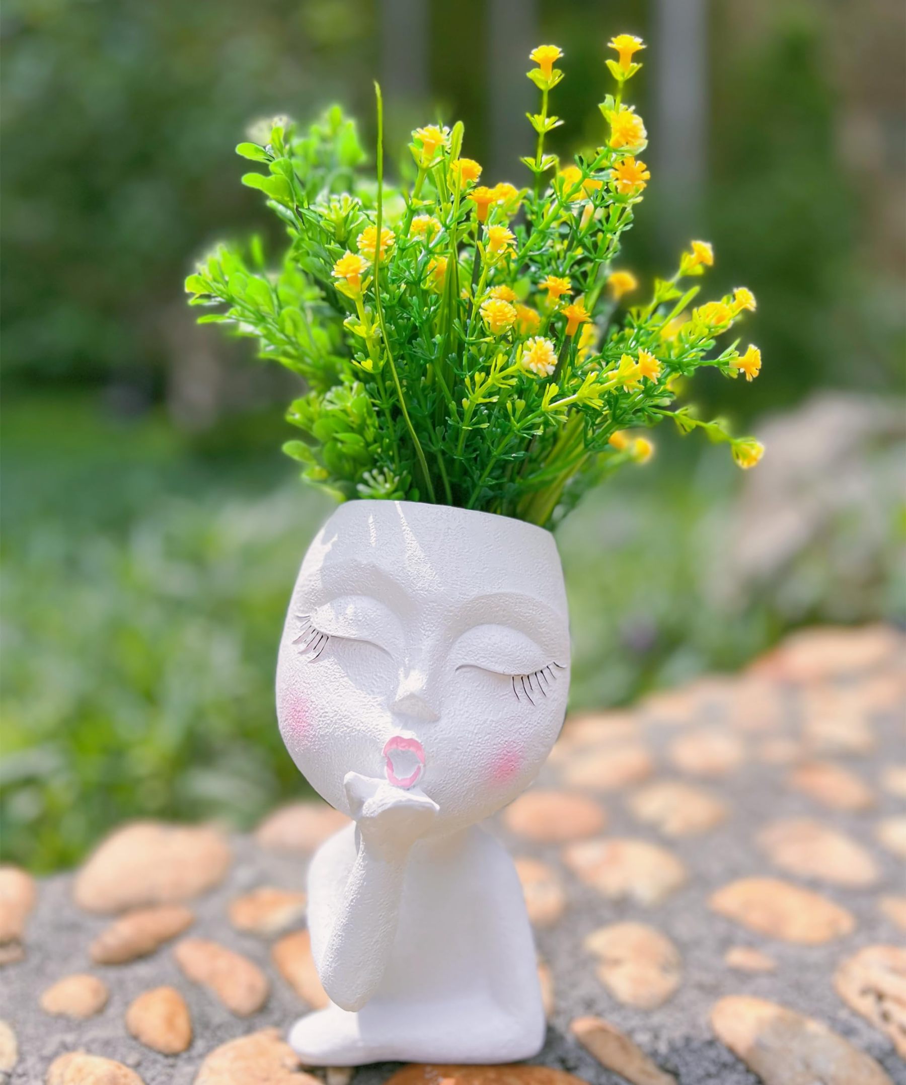 Handmade Face Planter Pot, Standing Air Kiss Head Planter for Trailing Plants & Succulents, Resin Funny Face Planter with Anti-Friction Pads, White 1 Pack