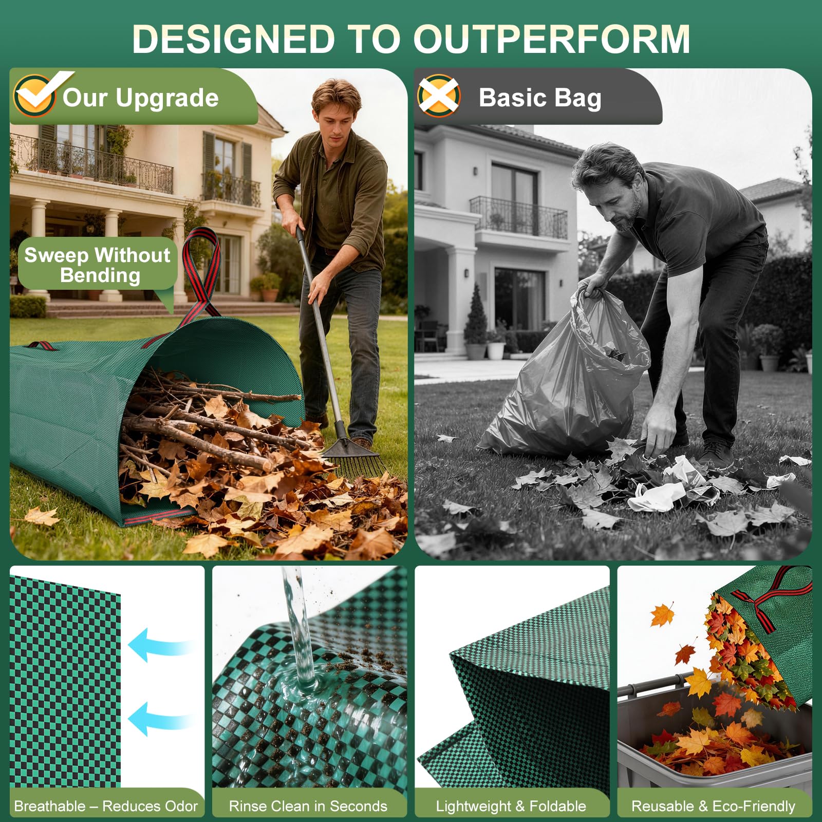 2-Pack 72 Gallon Yard Waste Bags, Reusable Self-Standing Leaf Collector with Reinforced Handles, Collapsible Dustpan-Type Garden Bag for Leaves, Grass & Outdoor Debris Cleanup