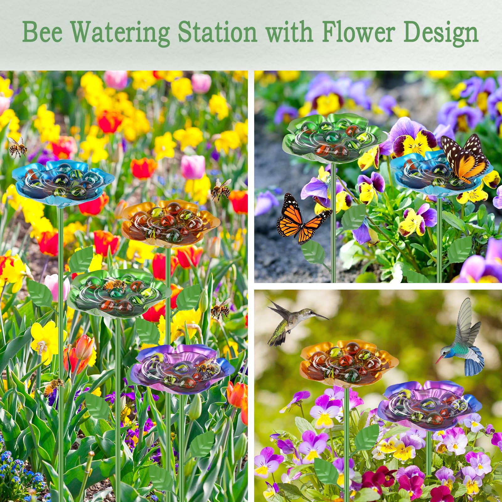4 Pack Flower Shaped Bee Watering Station, Metal Bee Feeder with Glass Marbles, Outdoor Garden Butterfly & Bee Waterer Yard Decor