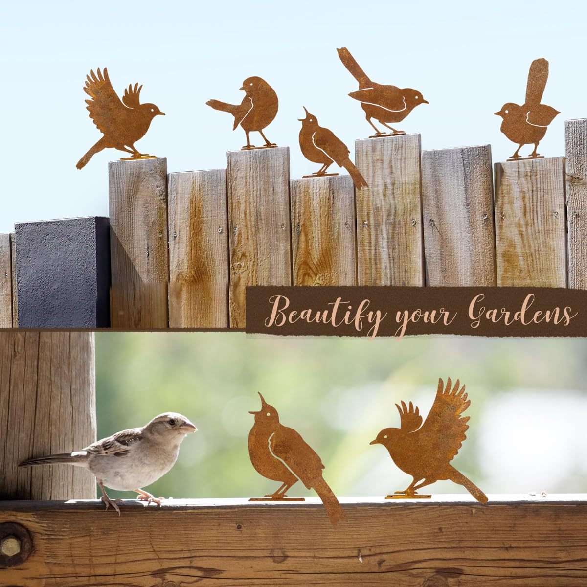 5 PCS Rustic Metal Bird Wall Decor, Outdoor Fence & Yard Art Sculptures, Rusty Garden Hanging Ornaments