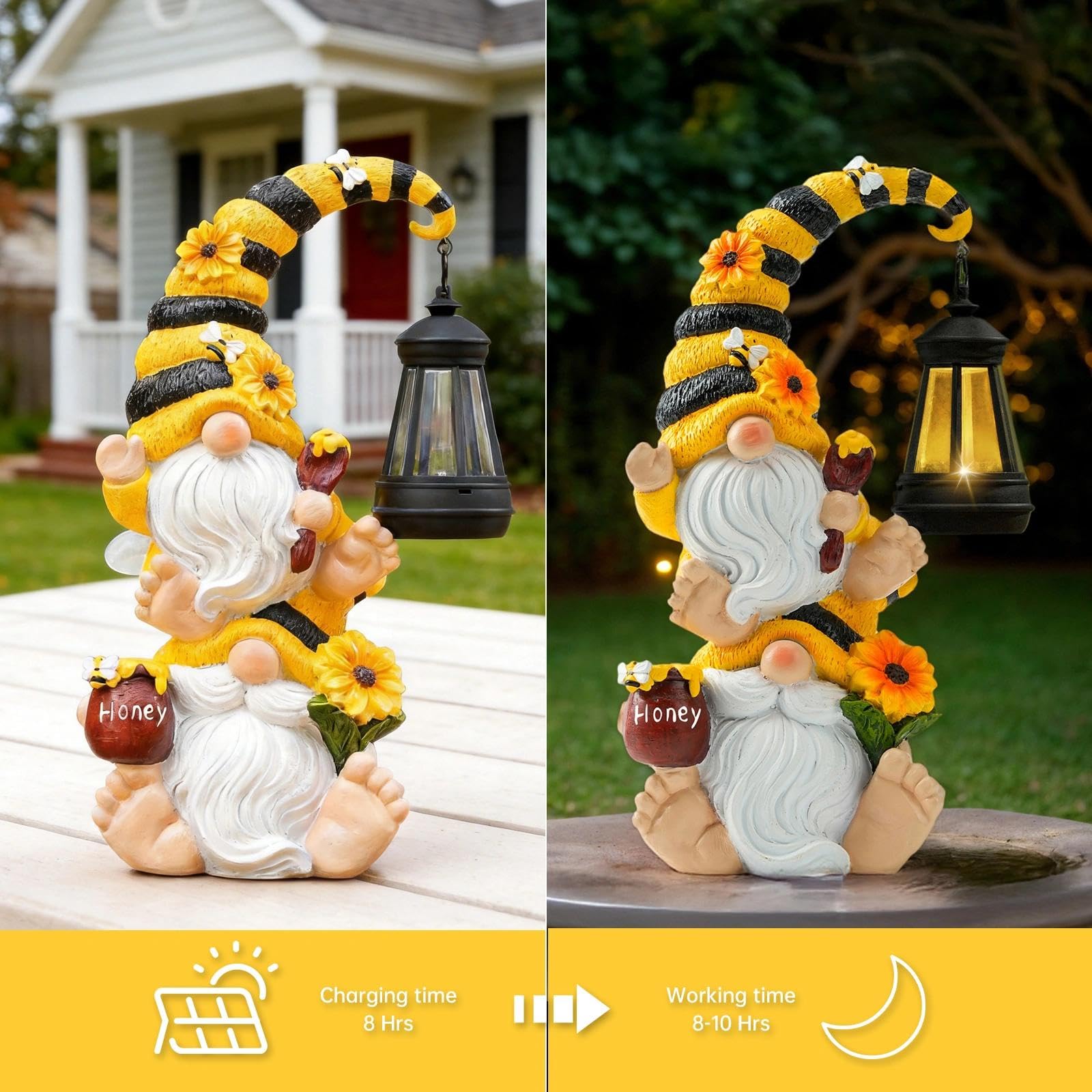 Solar Stacked Bee Gnome Statue with LED Lantern, Waterproof Resin Outdoor Yard Patio Decor, Unique Gift for Women, Mom and Grandma