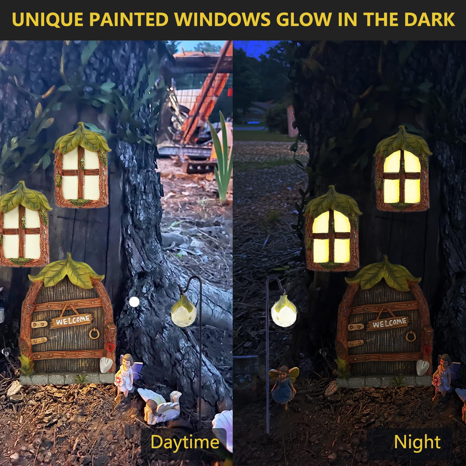 Glow in the Dark Fairy Door & Windows for Trees, Miniature Garden Decor with Lantern, Outdoor Yard Lawn Sculpture Ornament