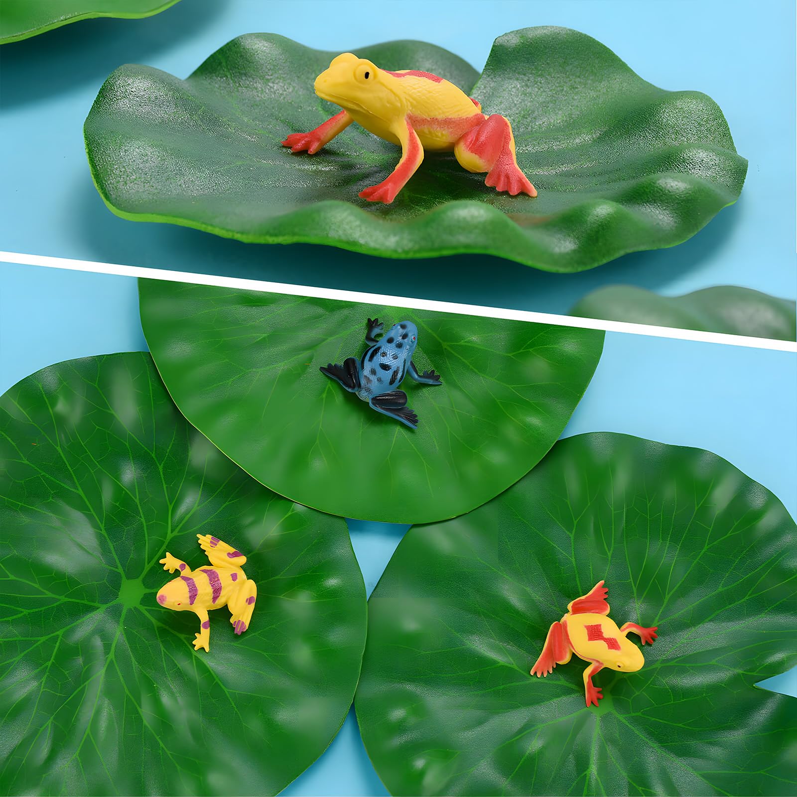 32 Pack Mini Plastic Frog & Floating Lily Pad Set, 12 Colorful Artificial Frogs with 20 Fake Lily Pads, Artificial Pond Plants Decor for Garden Pool, Fish Tank, Water Landscape and Party Ornaments