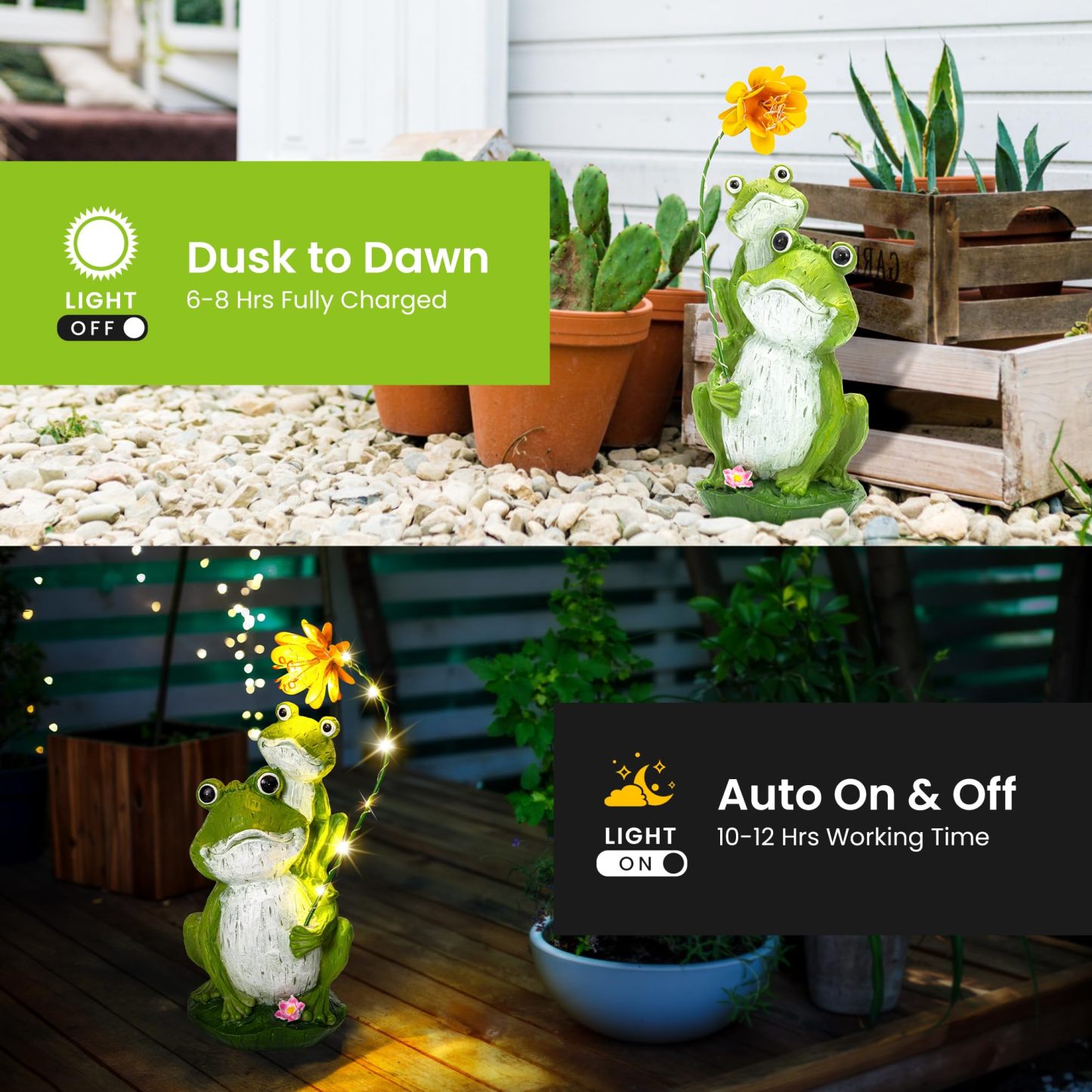 Solar Loving Frog Garden Statue with LED Light, Outdoor Waterproof Garden Figurine, Yard Patio Decor & Perfect Gardening Gift for Women