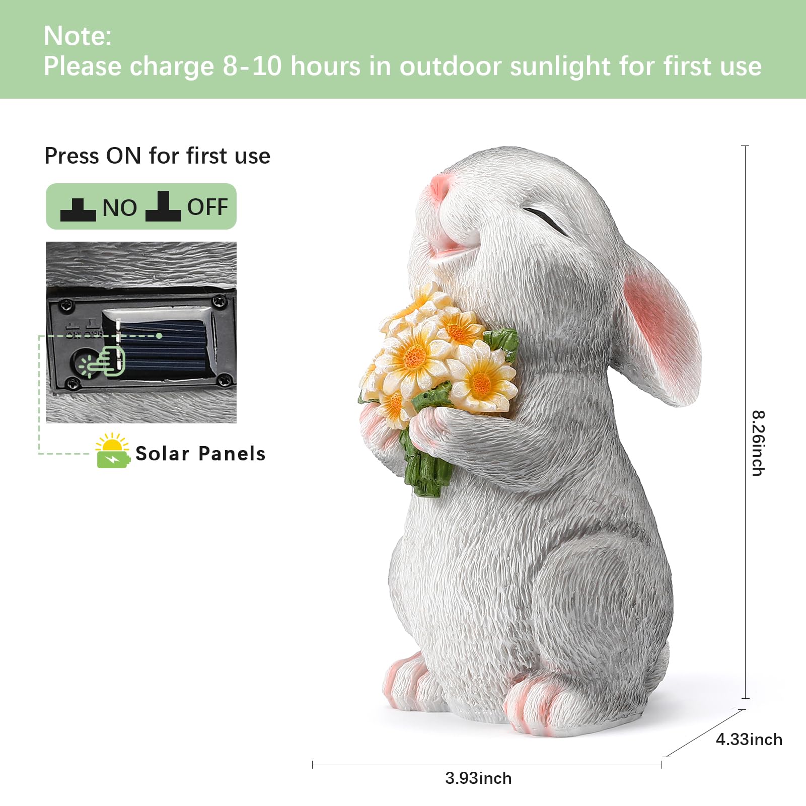 Solar Resin Rabbit Garden Statue with LED Sunflower Light, Outdoor Bunny Figurine Decor for Porch, Patio, Lawn & Yard, Perfect Gardening Gift for Mom, Women on Mother’s Day, Birthday & Christmas