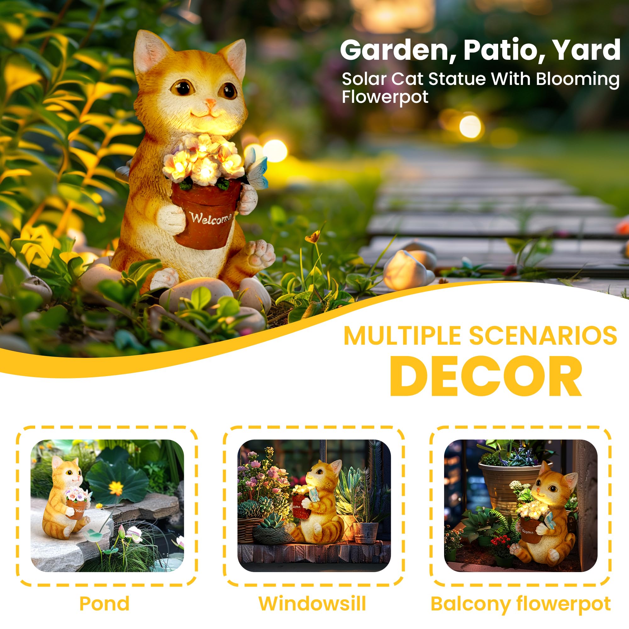 Solar Cat Flower Pot Garden Statue, Outdoor Decorative Cat Figurine for Patio, Yard, Lawn & Balcony, Ideal Birthday Gardening Gift for Women, Mom, Grandma and Seniors