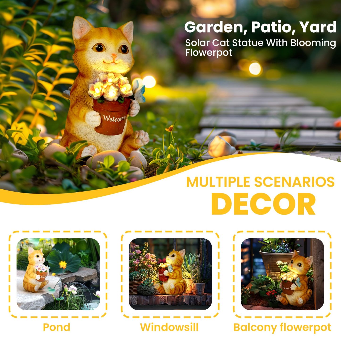 Solar Cat Flower Pot Garden Statue, Outdoor Decorative Cat Figurine for Patio, Yard, Lawn & Balcony, Ideal Birthday Gardening Gift for Women, Mom, Grandma and Seniors