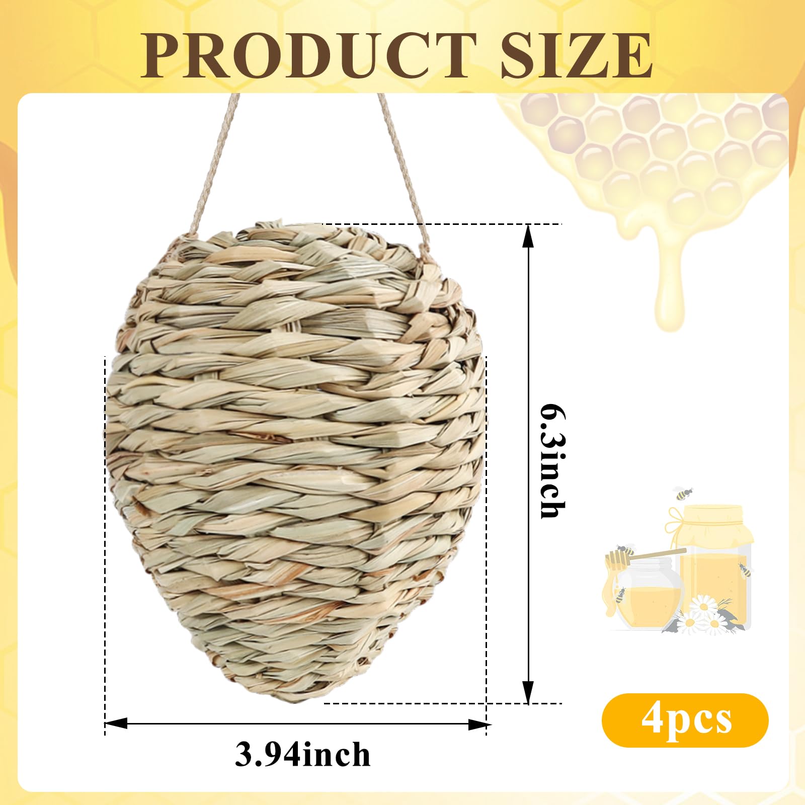 4Pcs Fake Wasp Hornet Nest Decoy, Woven Reed Waterproof, Patio Garden Eaves Decor & Wasp Deterrent