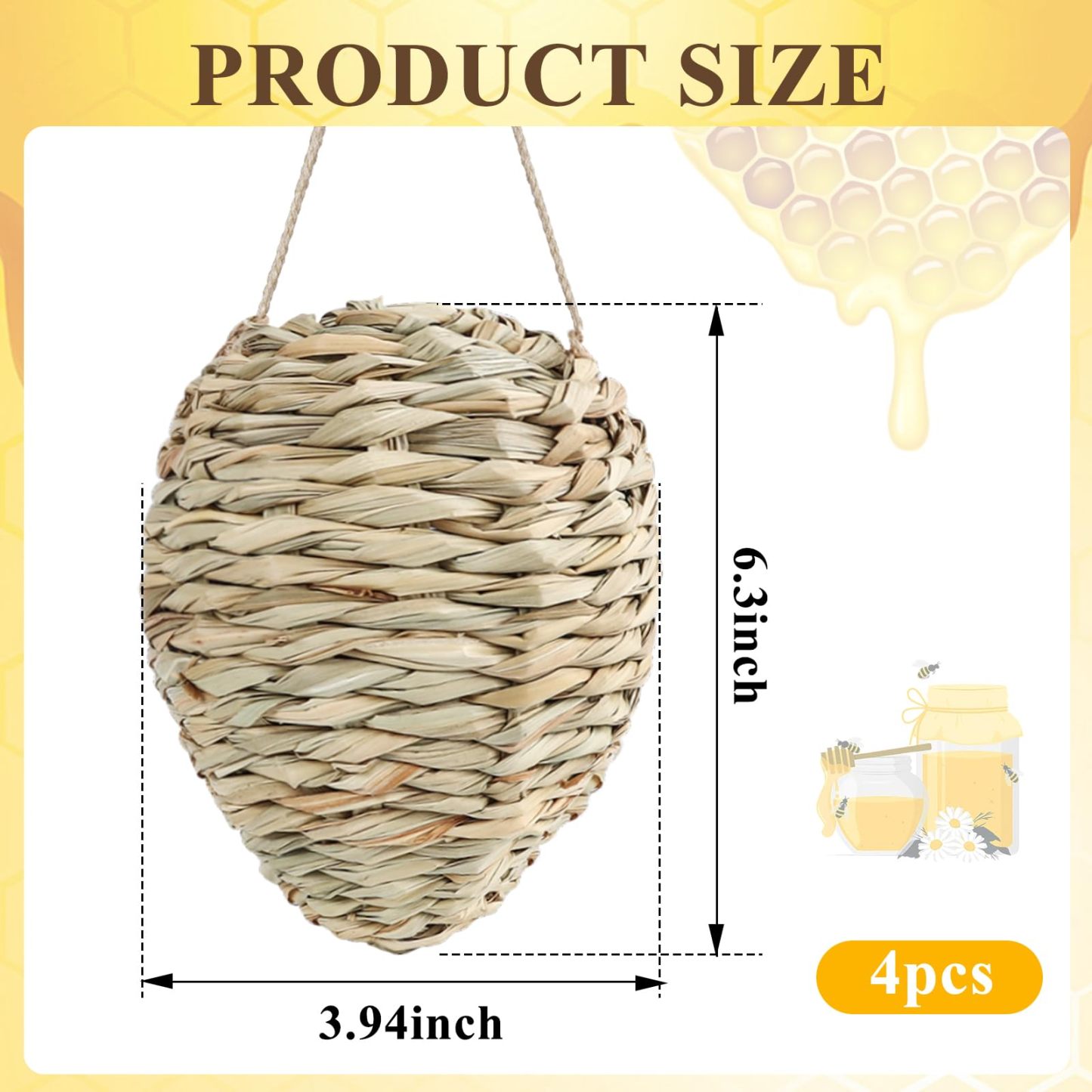 4Pcs Fake Wasp Hornet Nest Decoy, Woven Reed Waterproof, Patio Garden Eaves Decor & Wasp Deterrent