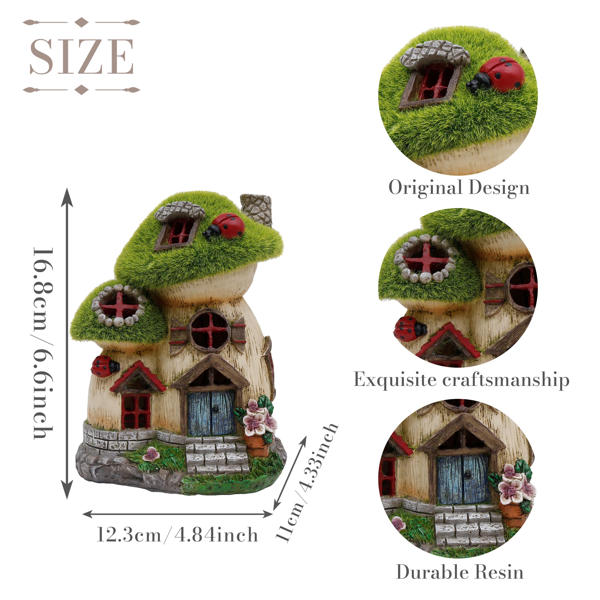 Solar Mushroom Fairy House Garden Statue, Green Flocked Resin Outdoor Decor with LED Light, Yard Patio Ornament & Gardening Gift for Mom, Women