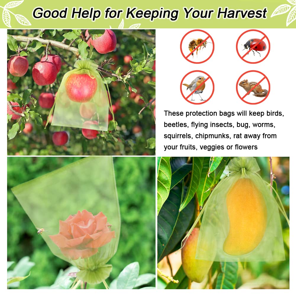 100Pcs Drawstring Fruit Protection Bags, 6x9 Inch Green Mesh Pest Barrier Covers, Protective Net Bags for Tomatoes, Mango Trees, Vegetables and Garden Plants