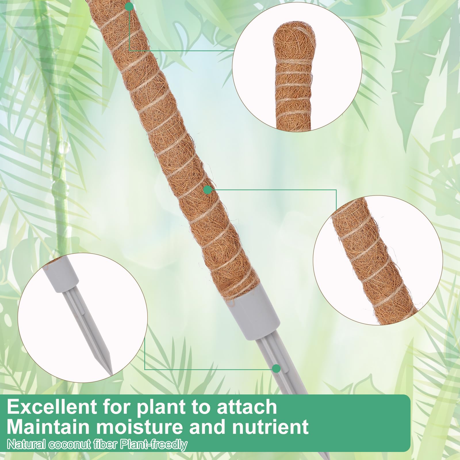 3 Pack 50 Inch Tall Coco Coir Moss Poles, Sturdy Climbing Plant Support Stakes for Monstera, Pothos, Philodendron and Indoor Tropical Plants
