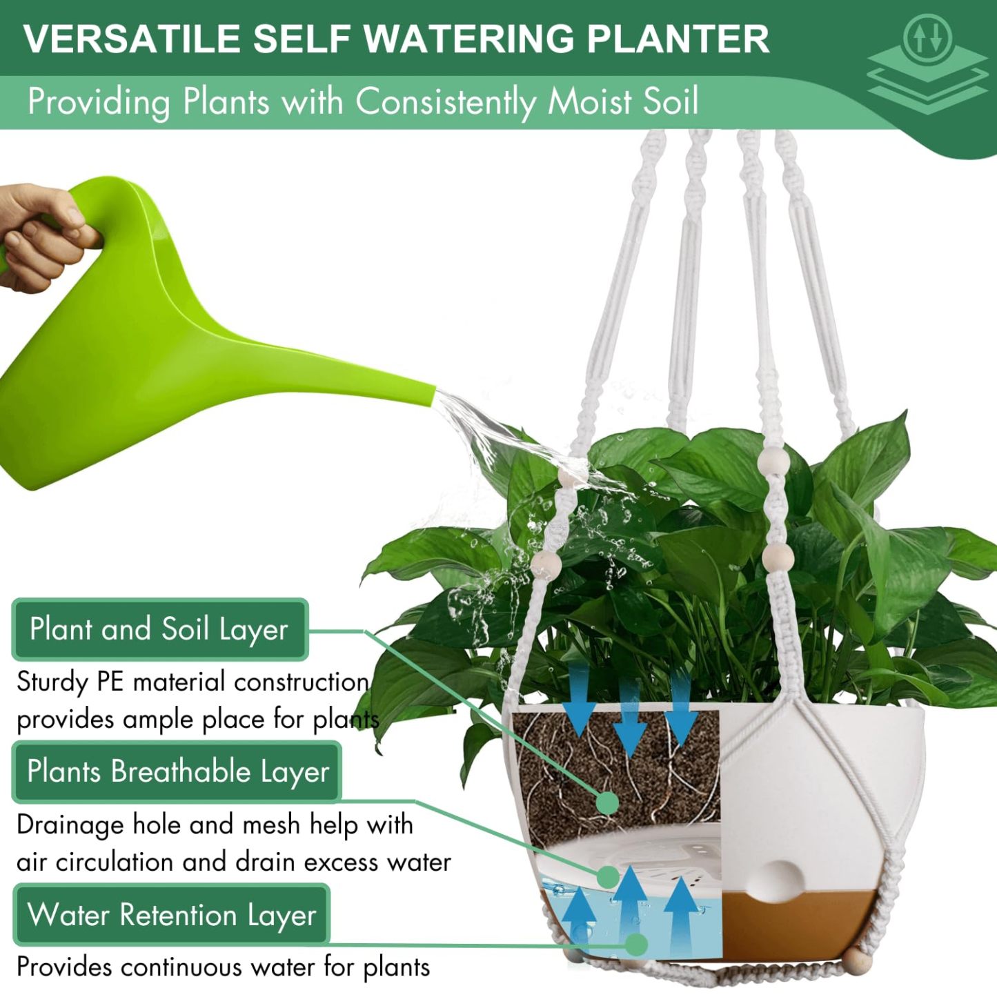 Set of 2 Pcs 10 Inch Self-Watering Hanging Planters, White Hanging Plant Pots with Drainage Hole, Outdoor Indoor Plant Baskets with 2 Types of Hangers
