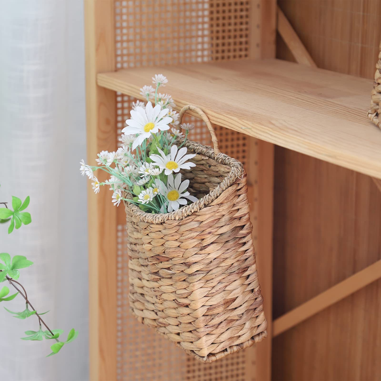 Water Hyacinth Woven Hanging Basket, Seagrass Mouth Handwoven Wicker Wall Basket, Rustic Farmhouse Home Garden Decor