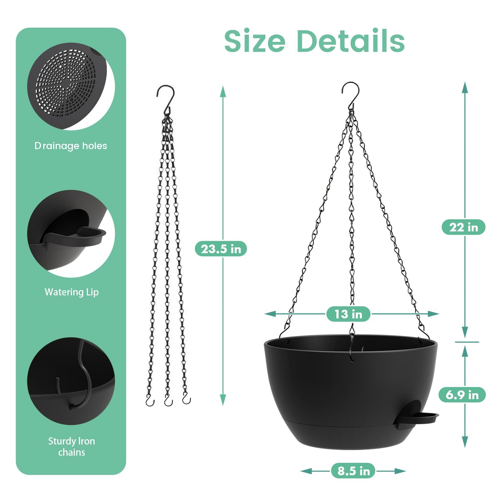 2 Pack 13 Inch Large Self Watering Hanging Planters, Plastic Hanging Plant Pots with Removable 50 Oz Water Reservoir, Indoor Outdoor Hanging Basket for Window, Porch, Garden, Balcony