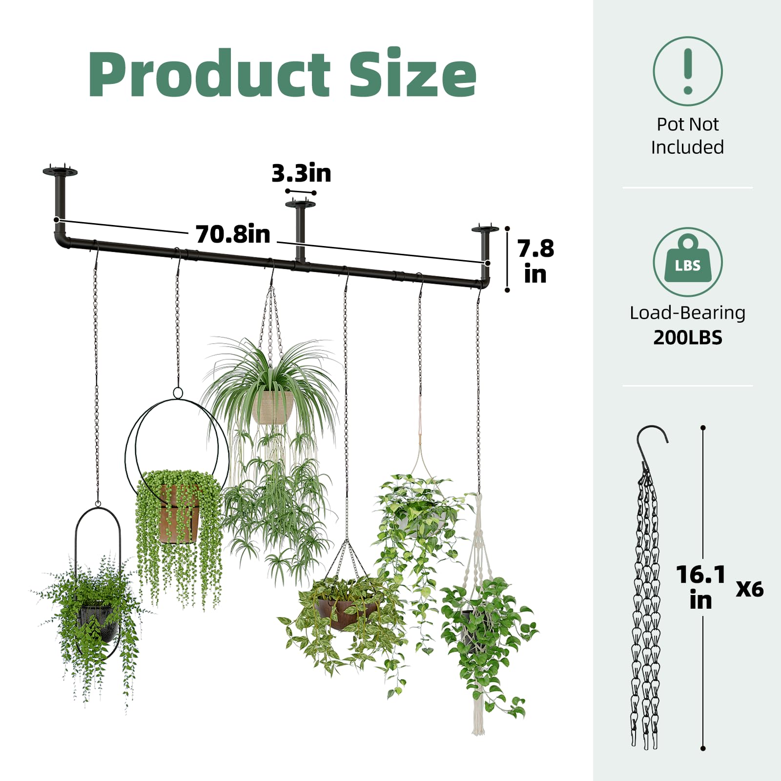 Galood Metal Plant Hanger with 6 Hanging Chains, Adjustable Window Plant Rod, Black Hanging Plant Shelf for Indoor Plants, 70.8 Inch, Planter Pot Not Included