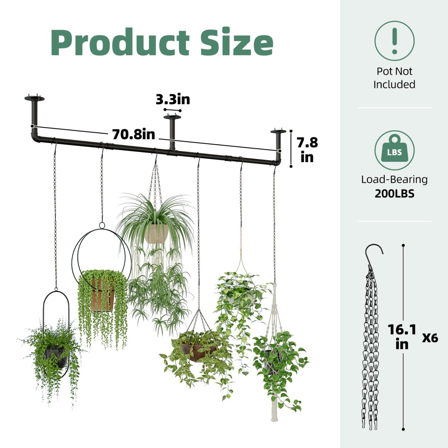 Galood Metal Plant Hanger with 6 Hanging Chains, Adjustable Window Plant Rod, Black Hanging Plant Shelf for Indoor Plants, 70.8 Inch, Planter Pot Not Included