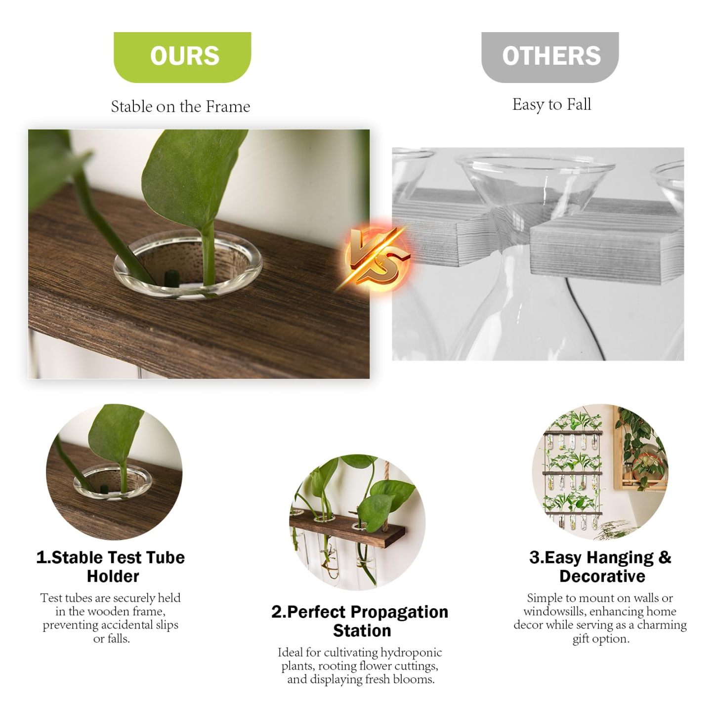 3-Tiered Wall Hanging Propagation Station, Wooden Stand with 5 Glass Test Tubes, Wall Terrarium Plant Hanger for Hydroponic Cuttings, Home Office Wall Decor Flower Vases