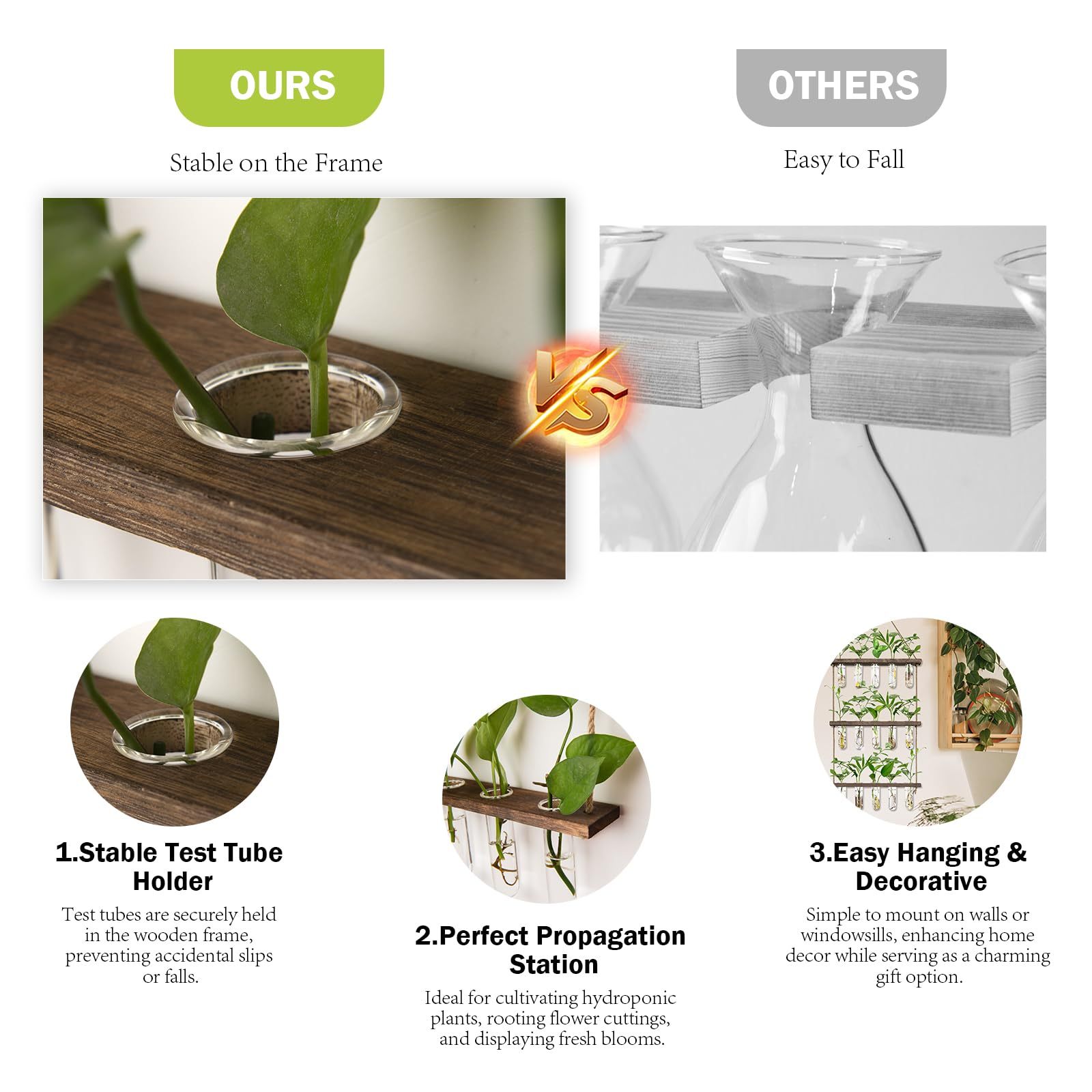 3-Tiered Wall Hanging Propagation Station, Wooden Stand with 5 Glass Test Tubes, Wall Terrarium Plant Hanger for Hydroponic Cuttings, Home Office Wall Decor Flower Vases