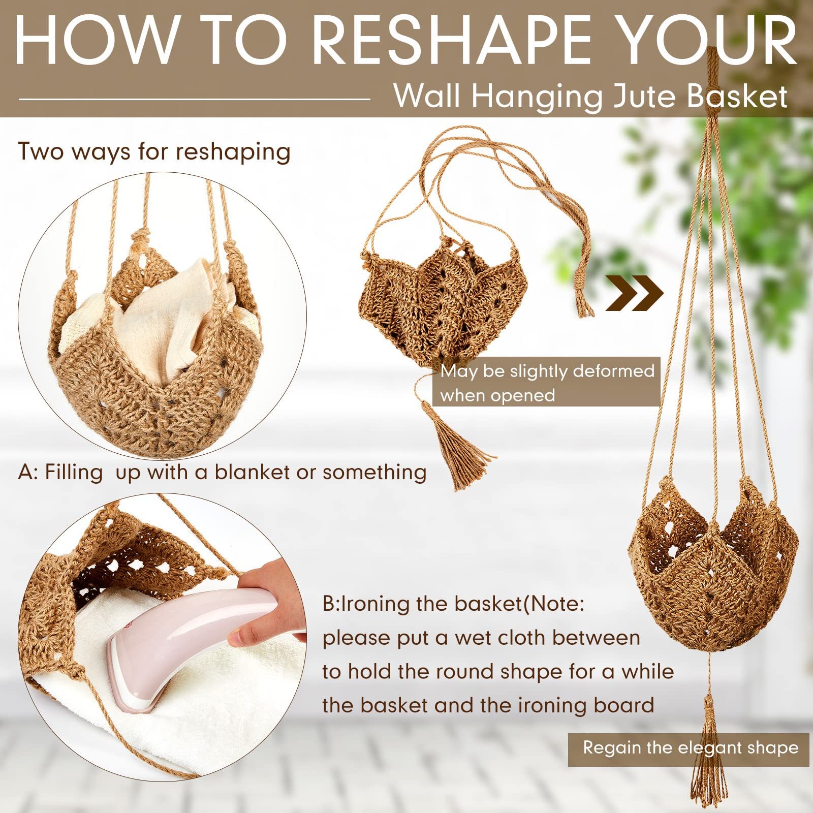 2 Pack Jute Crochet Plant Hanger, Long Macrame Plant Holder Rope with S-Hooks, Fits 3–12 Inch Pots, Boho Wall Hanging Decor for Halloween & Home