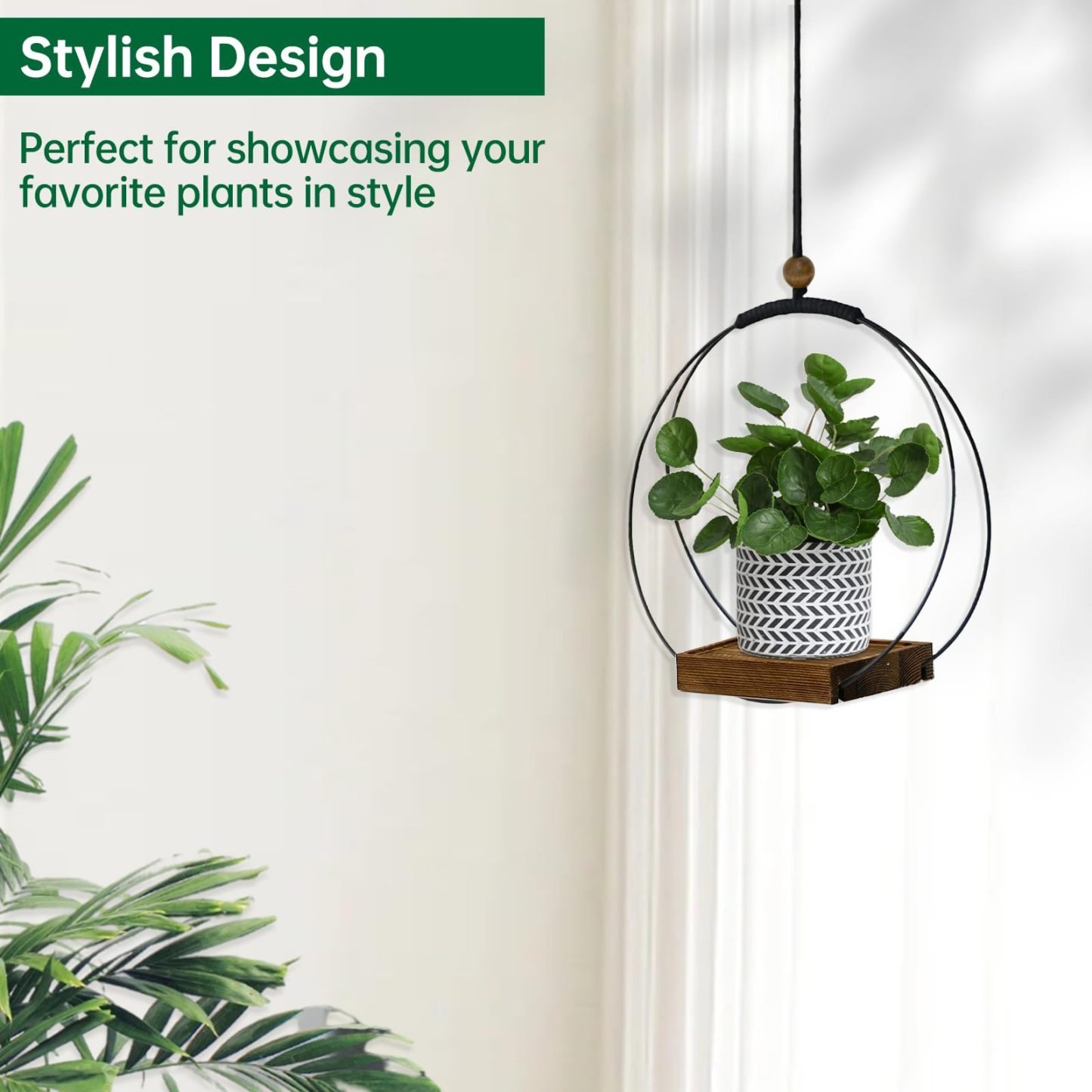 Modern Boho Macrame Plant Hanger, Black Indoor Hanging Planter with Sturdy Wood Base, Wall Ceiling Window Plant Holder for 3–5.5 Inch Pots, Home Decor, Pot Not Included