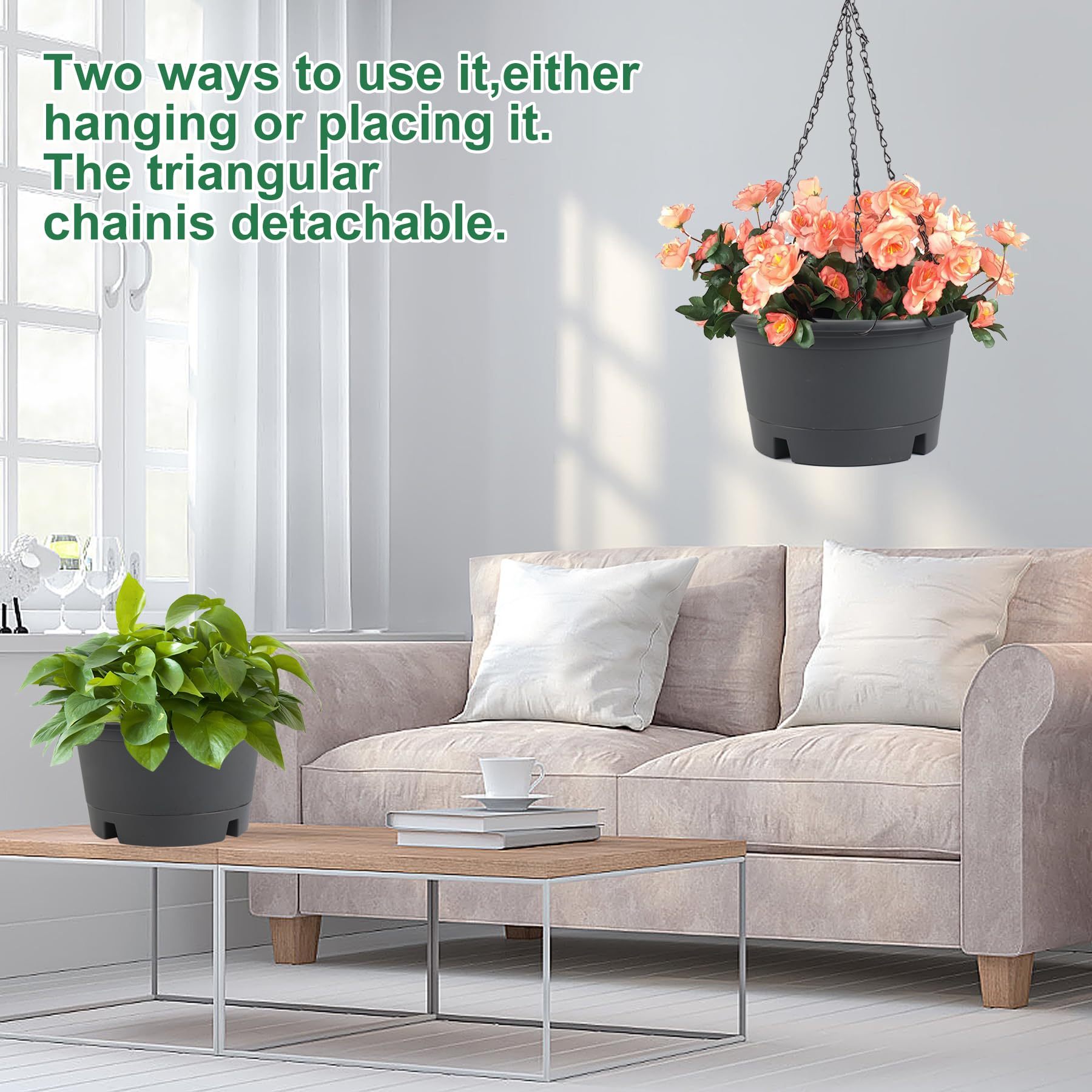 4 Pack 10 Inch Hanging Planters, Round Plastic Hanging Baskets with Removable Tray and 15.7 Inch Metal Chain, Indoor Outdoor Hanging Flower Pots for Garden Porch Balcony Patio Decor