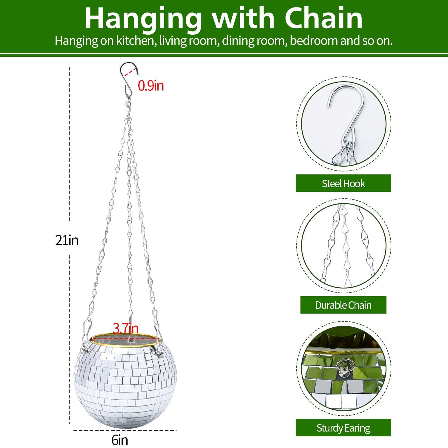 6 Inch Disco Ball Planter, Hanging Disco Ball Plant Hanger with Rope, Chain, Hook and Extra Mirror Pieces