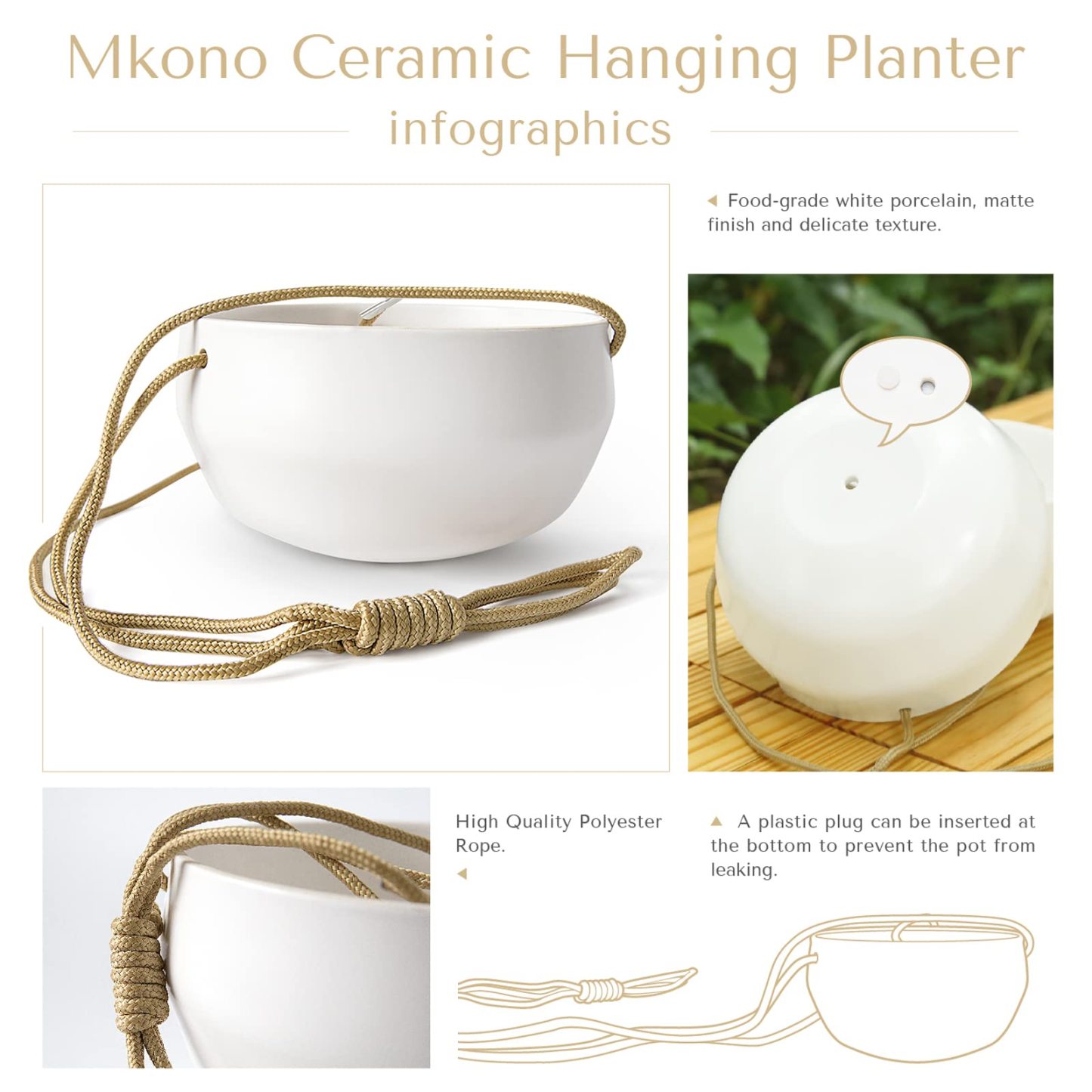 Set of 2 Ceramic Hanging Planters, Modern Geometric Porcelain Hanging Basket, 8 Inch Shallow & 6 Inch Deep Plant Pot with Polyester Rope Hanger for Indoor Outdoor Plants