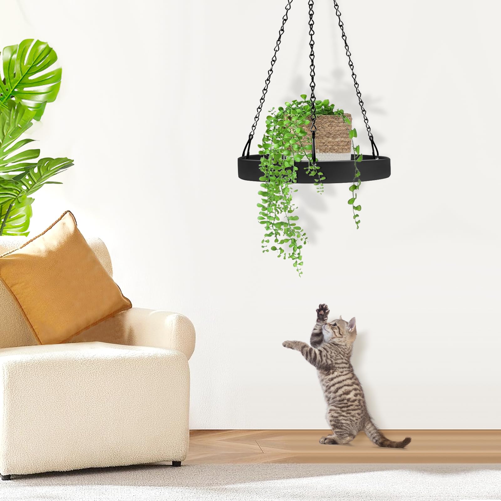 2 Pack Black Metal Plant Hanger, Indoor Outdoor Hanging Planter Basket with Tray, Window Plant Holder & Hanging Plant Shelf for Plants