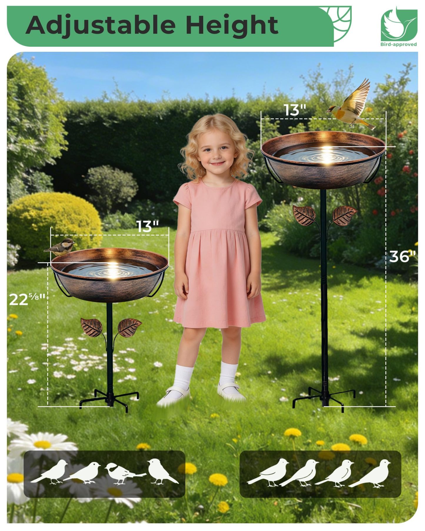 13" Dia 3" Deep Metal Bird Bath for Outdoors, Removable Bowl with Stable Upgrades Stake, 1.4 Gallon Easy Clean Birdbath for Garden Yard Lawn Decoration