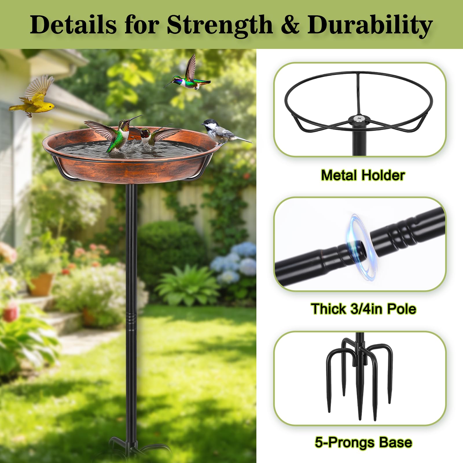 12 Inch Dia Heavy Duty Metal Bird Bath for Outdoors, Garden Bird Bath Bowl Bird Feeder with 5-Pronged Stable Base