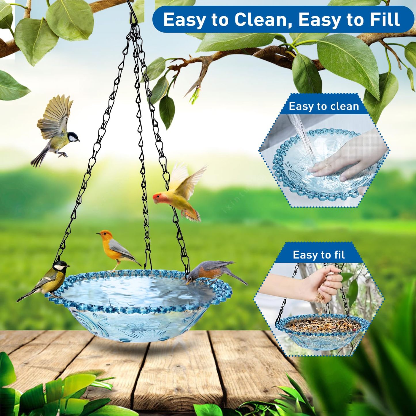 2 Pack Hanging Bird Baths, Blue Plastic Hanging Bird Feeders for Outdoors, Hanging Bird Water Bowl for Garden Yard Decor