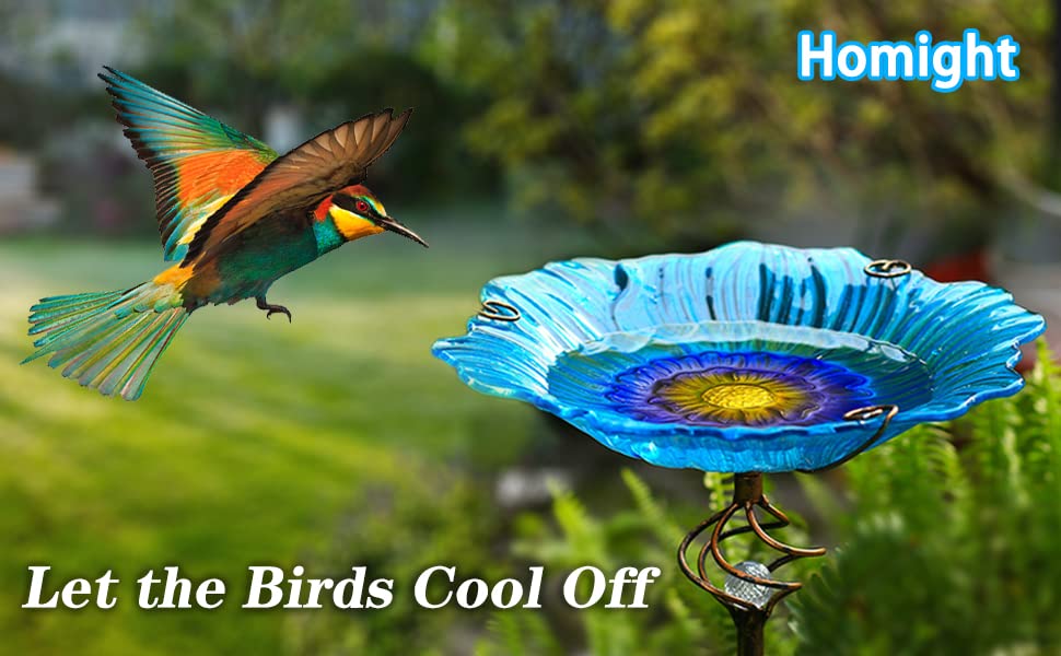 Solar Glass Blue Bird Bath with White LED Light, Metal Stake Yard Art Decor, Outdoor Garden Birdbath Decoration Gift
