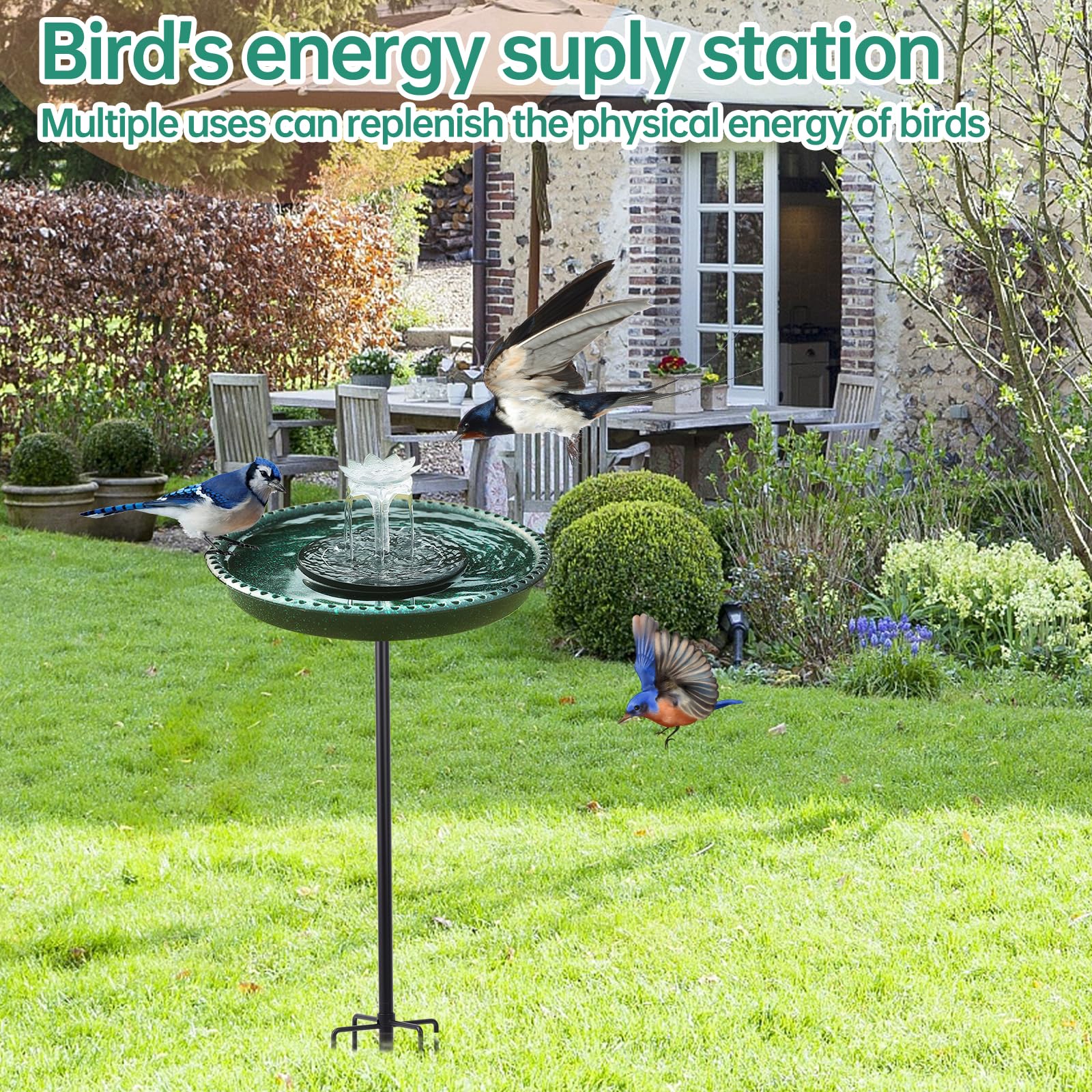 Solar Powered Bird Bath Fountain for Hummingbirds, Plastic Outdoor Birdbath with 5-Prong Base Stake, Stylish Stable Design for Lawn Patio Yard Garden