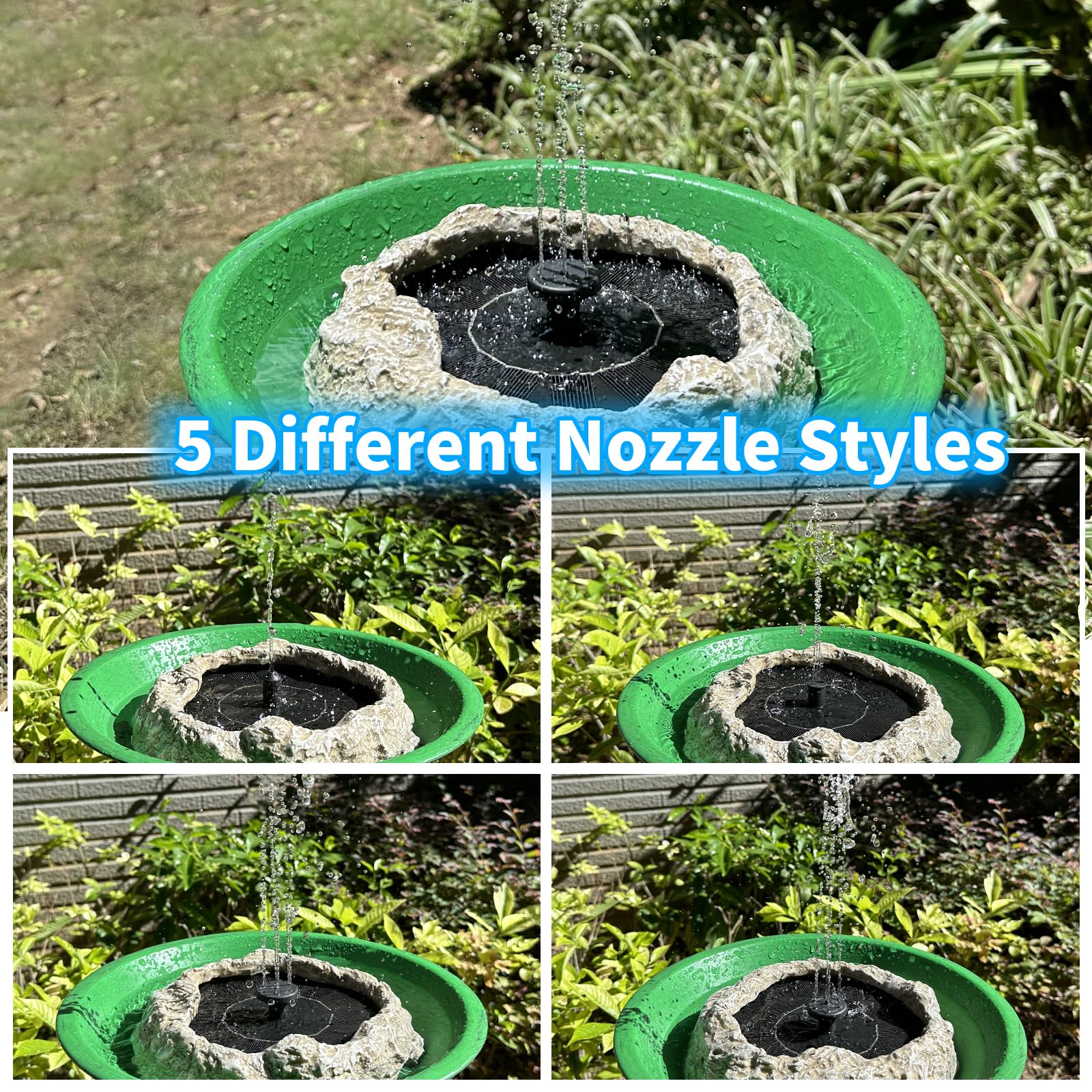 Resin Granite Rock Solar Fountain Pump for Bird Bath, Solar Panel Water Fountain with 5 Nozzles, Outdoor for Hummingbird Birdbath Fish Tank Pond