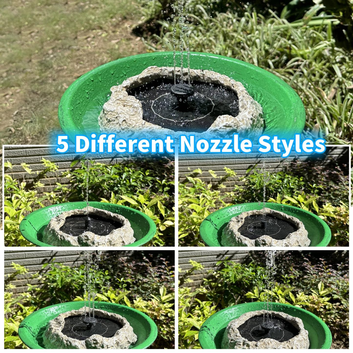 Resin Granite Rock Solar Fountain Pump for Bird Bath, Solar Panel Water Fountain with 5 Nozzles, Outdoor for Hummingbird Birdbath Fish Tank Pond