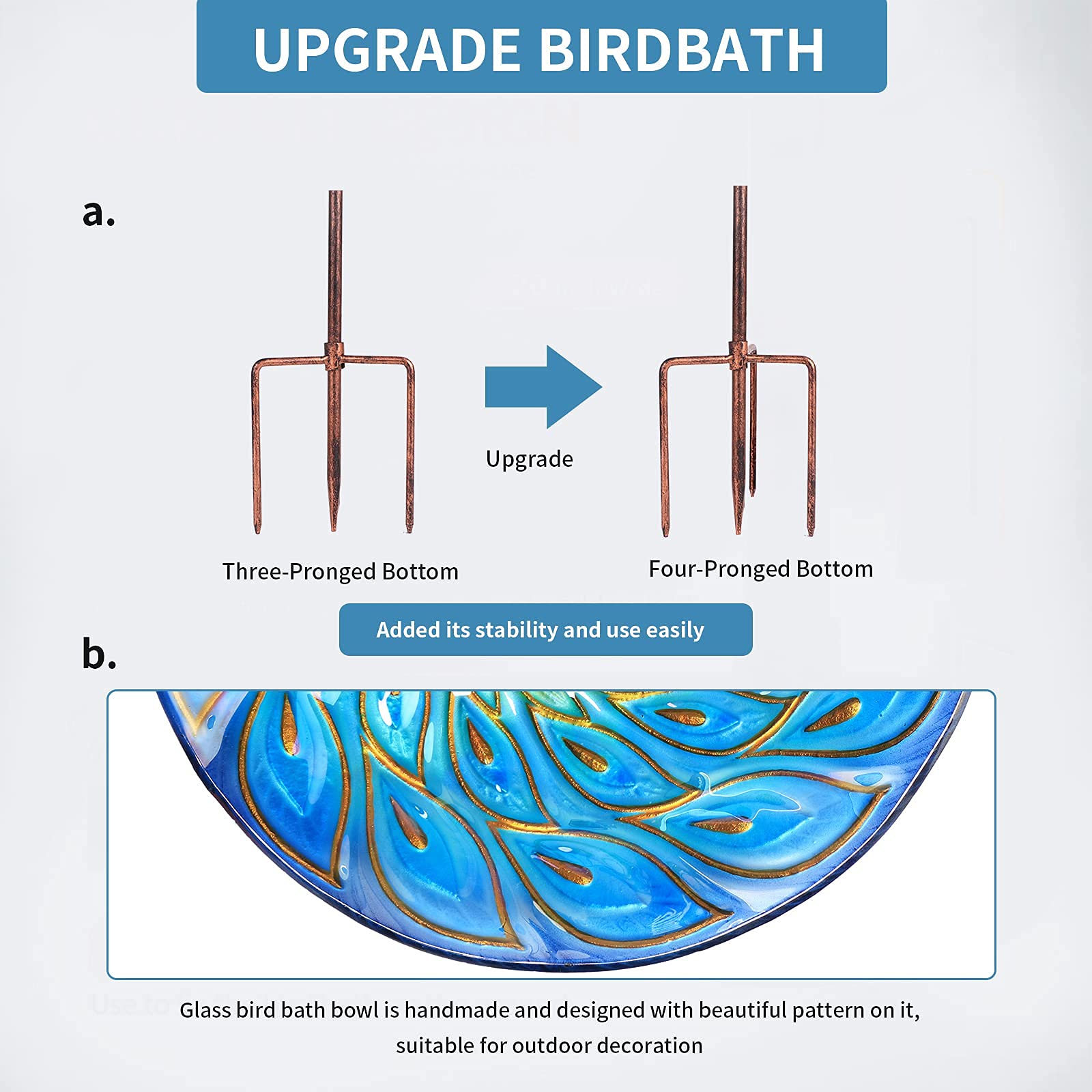 Peacock Glass Bird Bath, Outdoor Garden Bird Bath Birdfeeder with Metal Stake