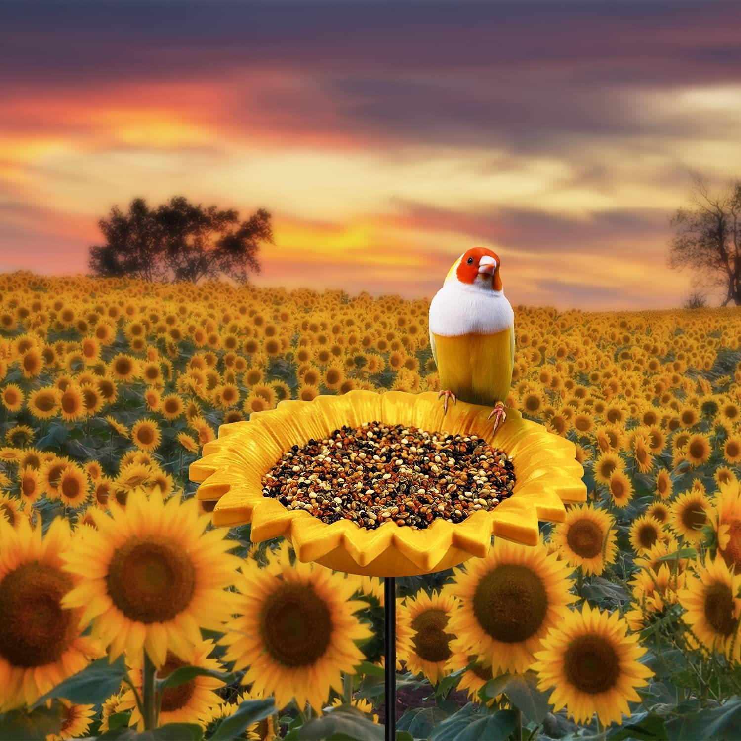 Sunflower Bird Feeder & Bird Bath for Outdoors, Ground Stake Small Tray Bird Feeder, Cute Garden Yard Decor for Bird Lovers