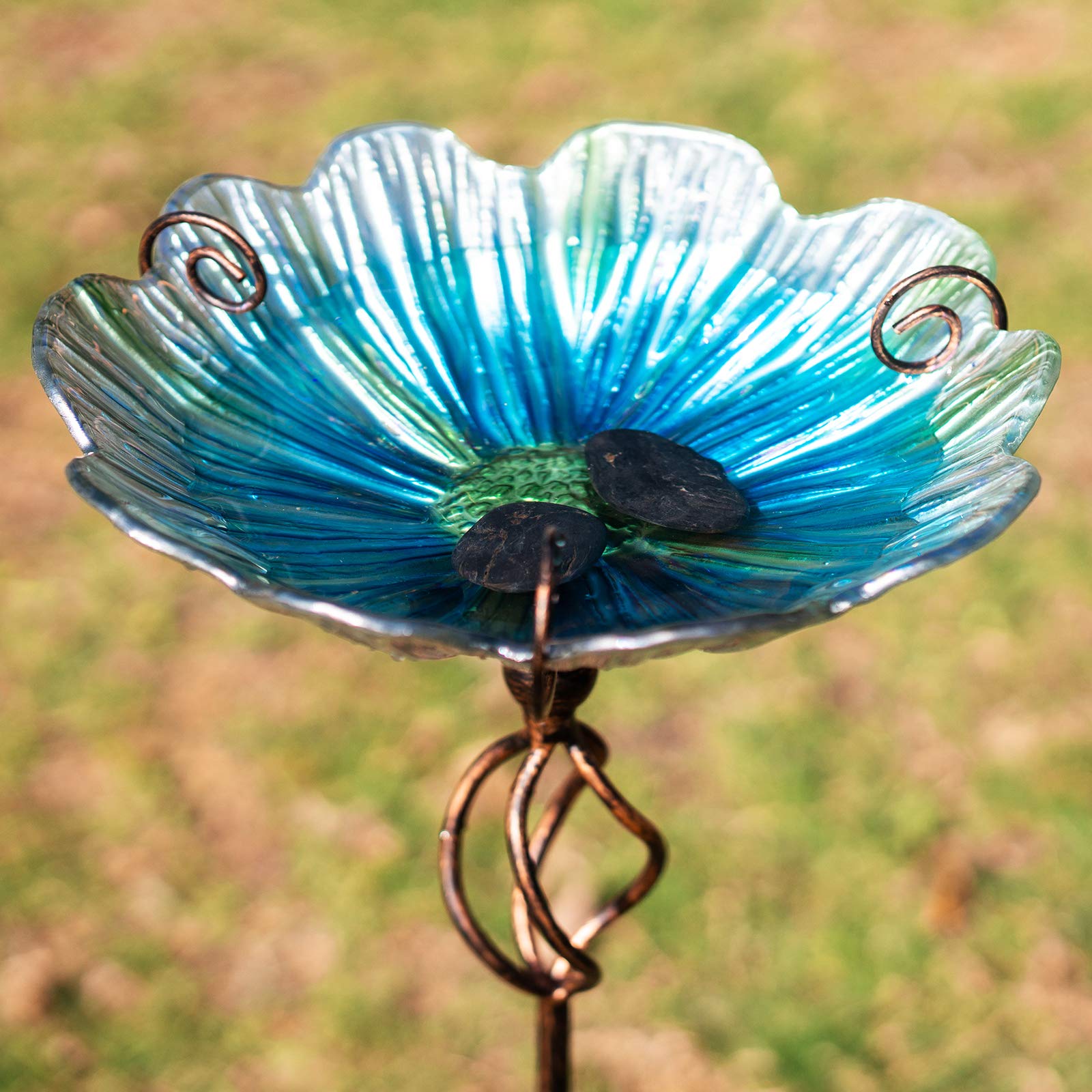 31 Inch Height Glass Birdbath Bird Feeder with Metal Stake, Blue Outdoor Garden Yard Decor