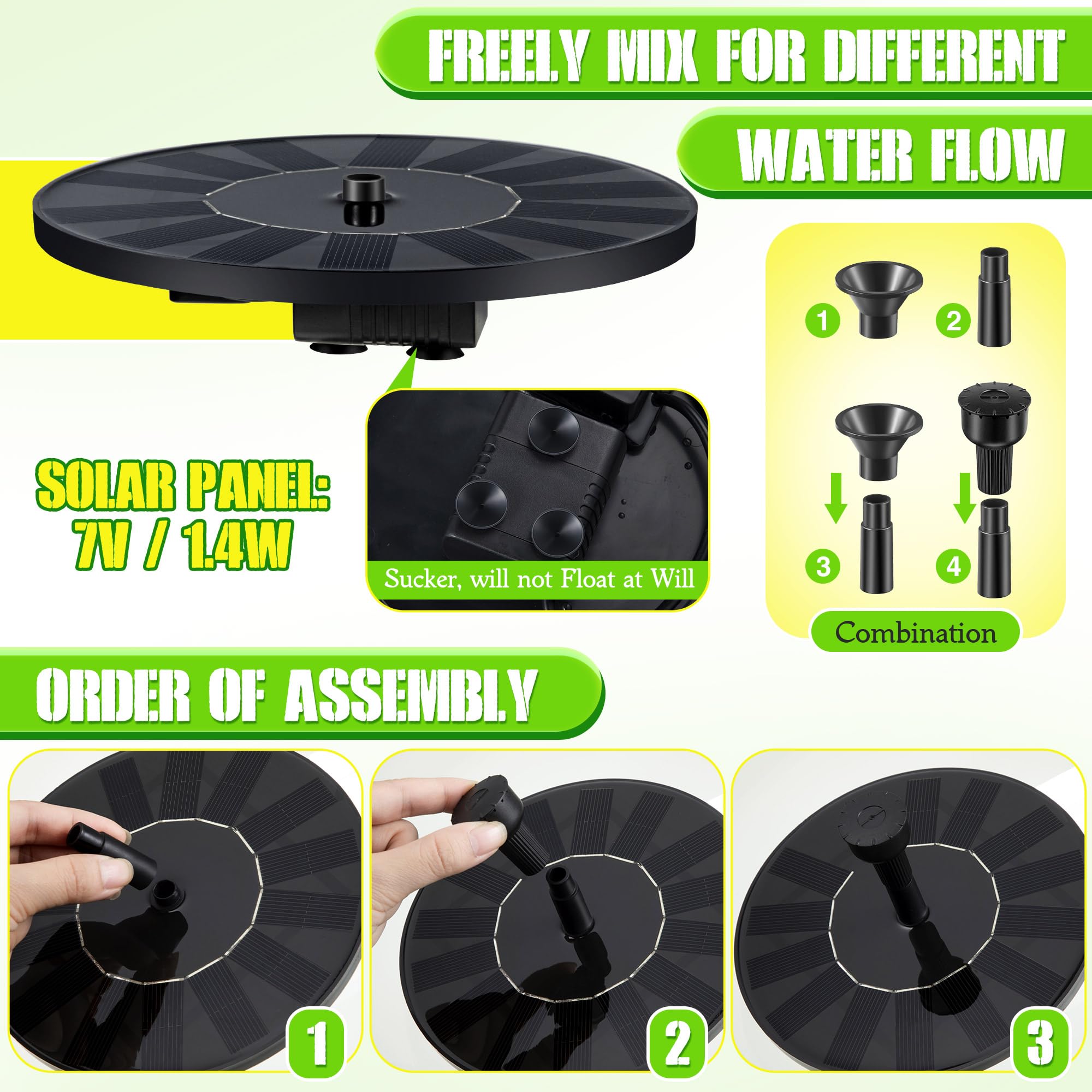 Hanging Solar Bird Bath Fountain, Solar Powered Hummingbird Water Fountain Pump Set with 4 Water Patterns for Garden Yard Patio Lawn