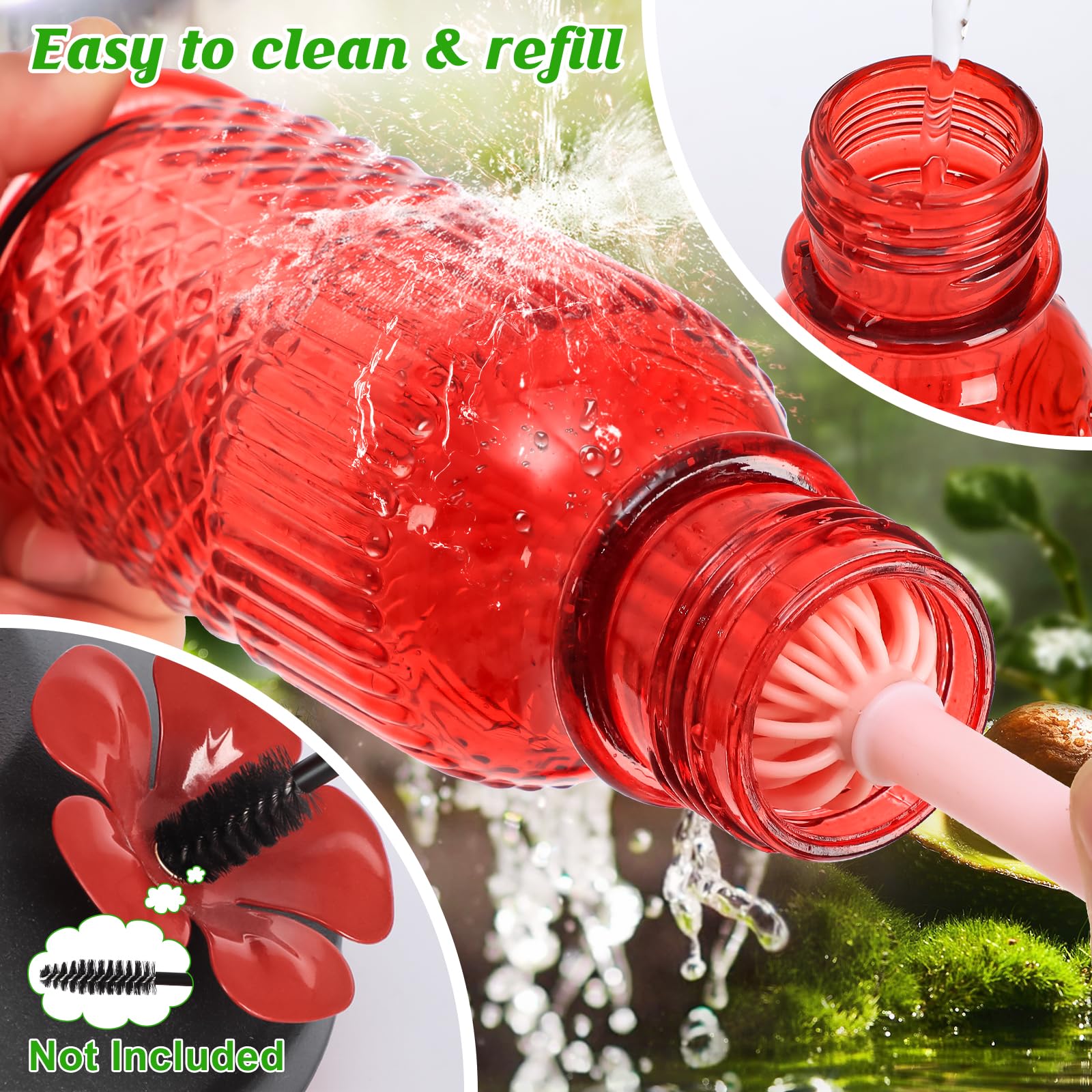 16oz Glass Hummingbird Feeder, Hanging Bird Feeder with Ant Moat, 4 Bee-Proof Feeding Ports & 360° Perch, Leak-Proof Red Design for Outdoor Garden