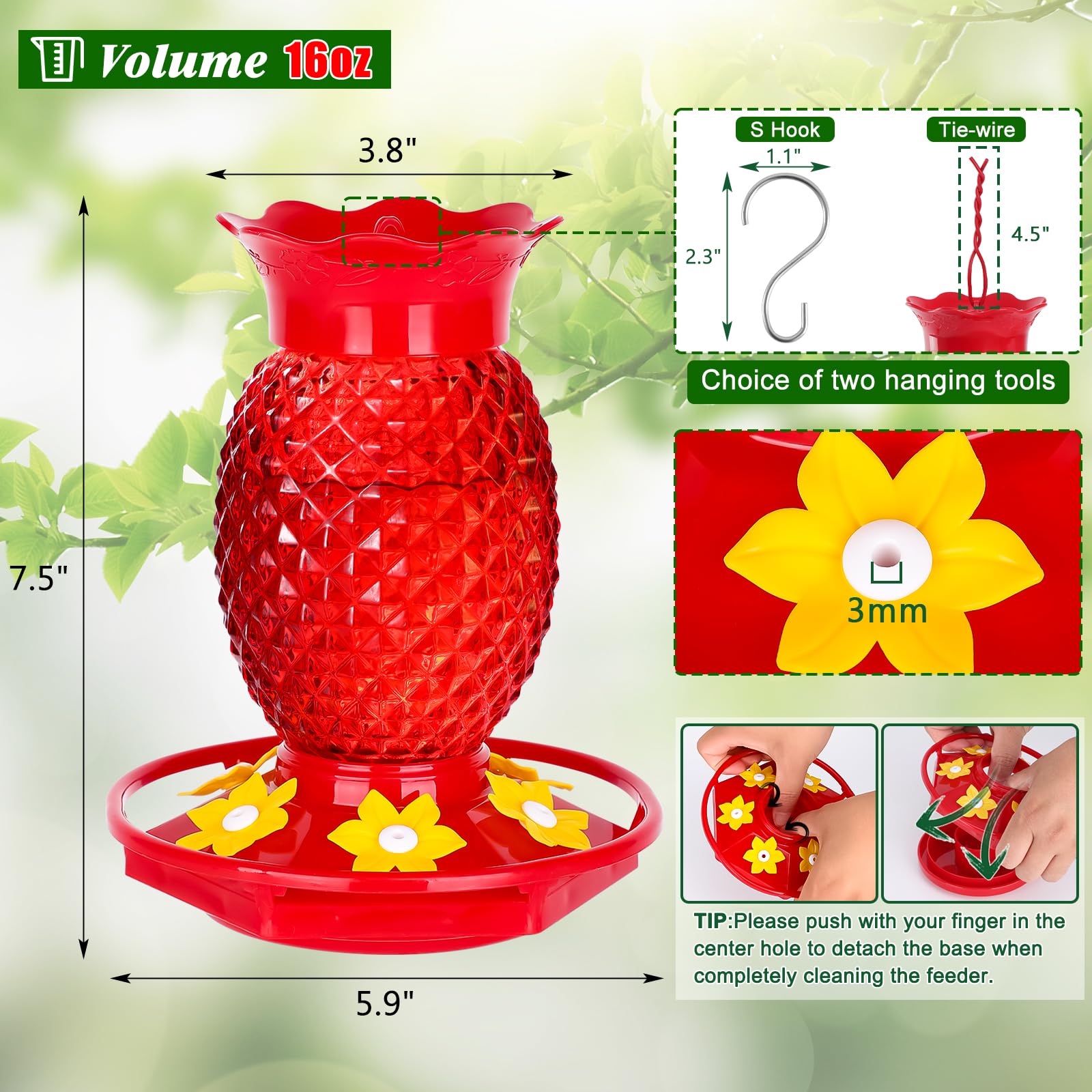 2 Pack Red Pineapple Glass Hummingbird Feeders, 16oz Hanging Outdoor Bird Feeder, 6 Feeding Ports 360° Perch, Bee & Ant Proof Leakproof Easy Clean, Perfect Gifts for Mom